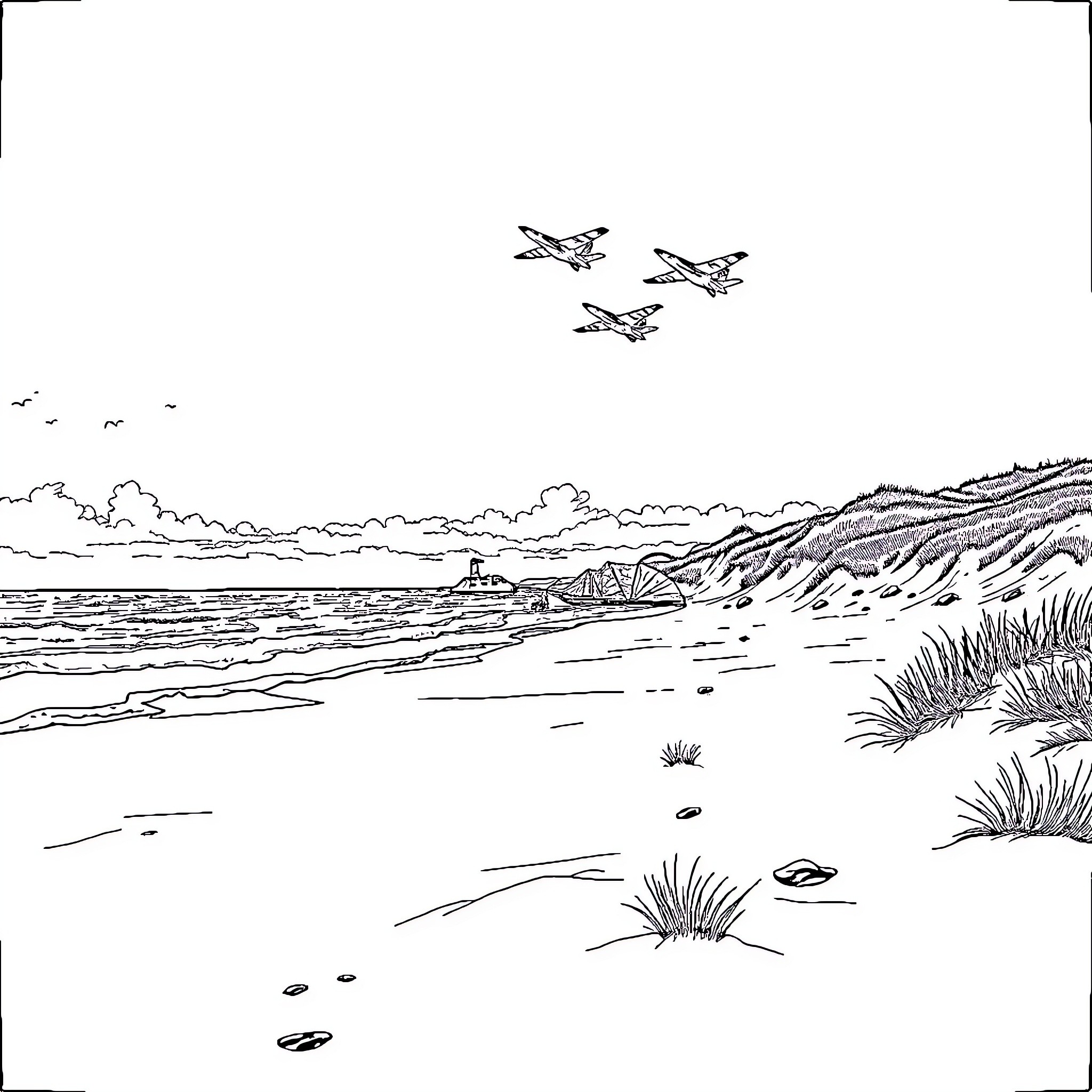 Jet formation flying over serene coastal landscape Coloring Page (free black-and-white line drawing printable PDF for all, from beginners to advanced learners, including children, teens, adults, and seniors)