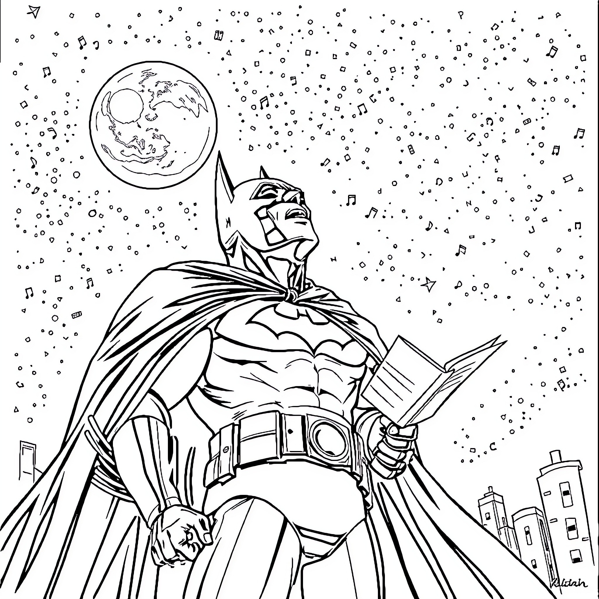Batman Gazing at the Night Sky Coloring Page (free black-and-white line drawing printable PDF for all, from beginners to advanced learners, including children, teens, adults, and seniors)