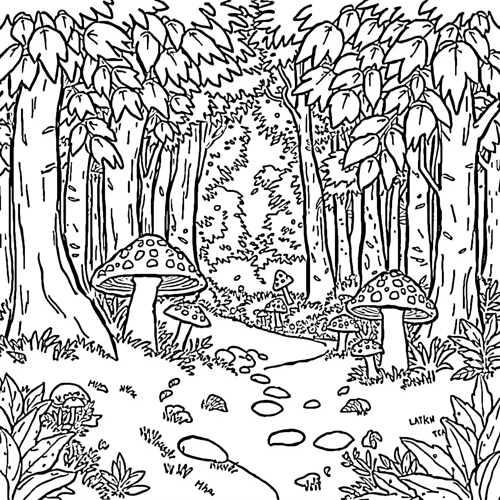 Mushroom Forest Fantasy Scene Coloring Page (free black-and-white line drawing printable PDF for all, from beginners to advanced learners, including children, teens, adults, and seniors)