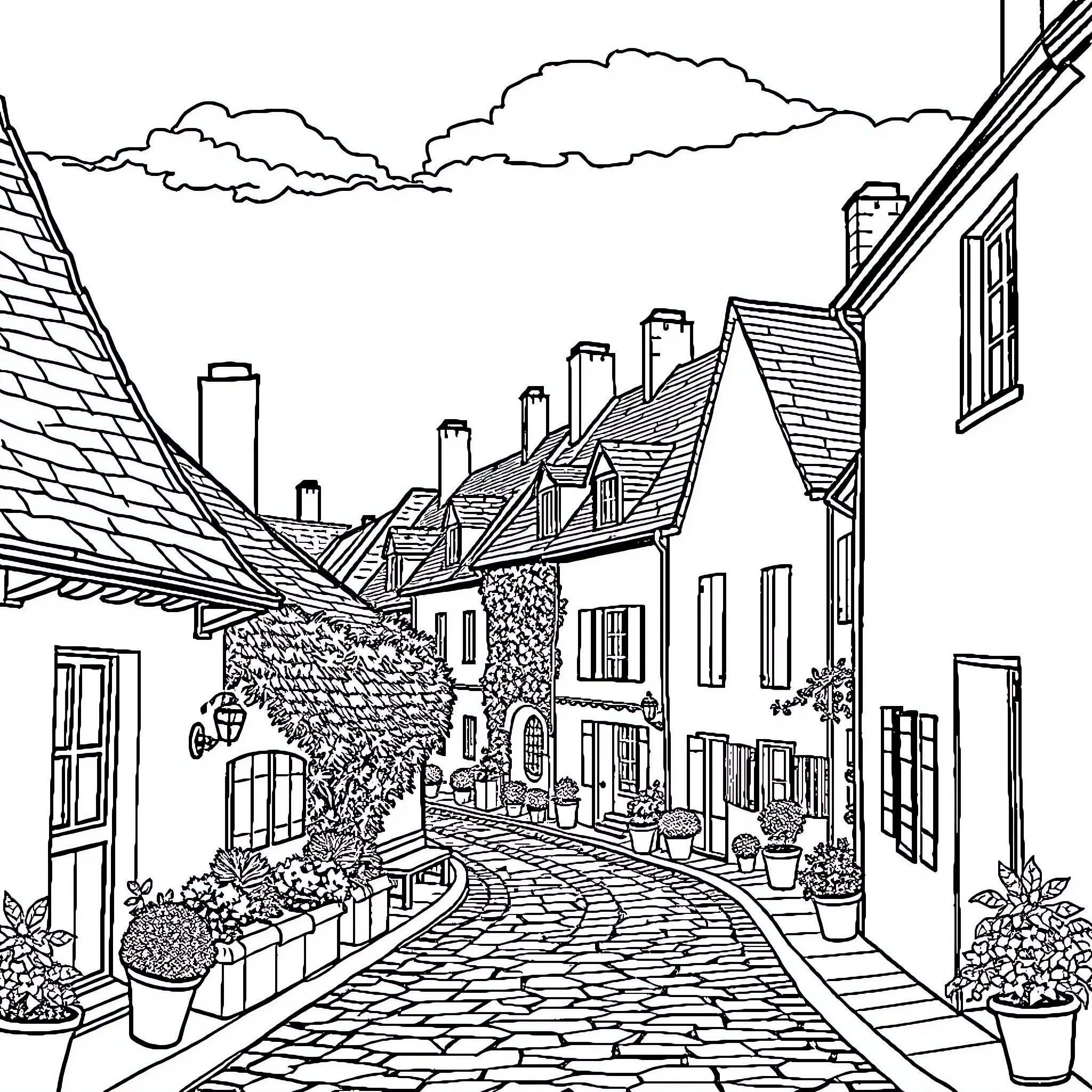 Village Scene with Quaint Homes and Cobblestone Street Coloring Page (free black-and-white line drawing printable PDF for all, from beginners to advanced learners, including children, teens, adults, and seniors)