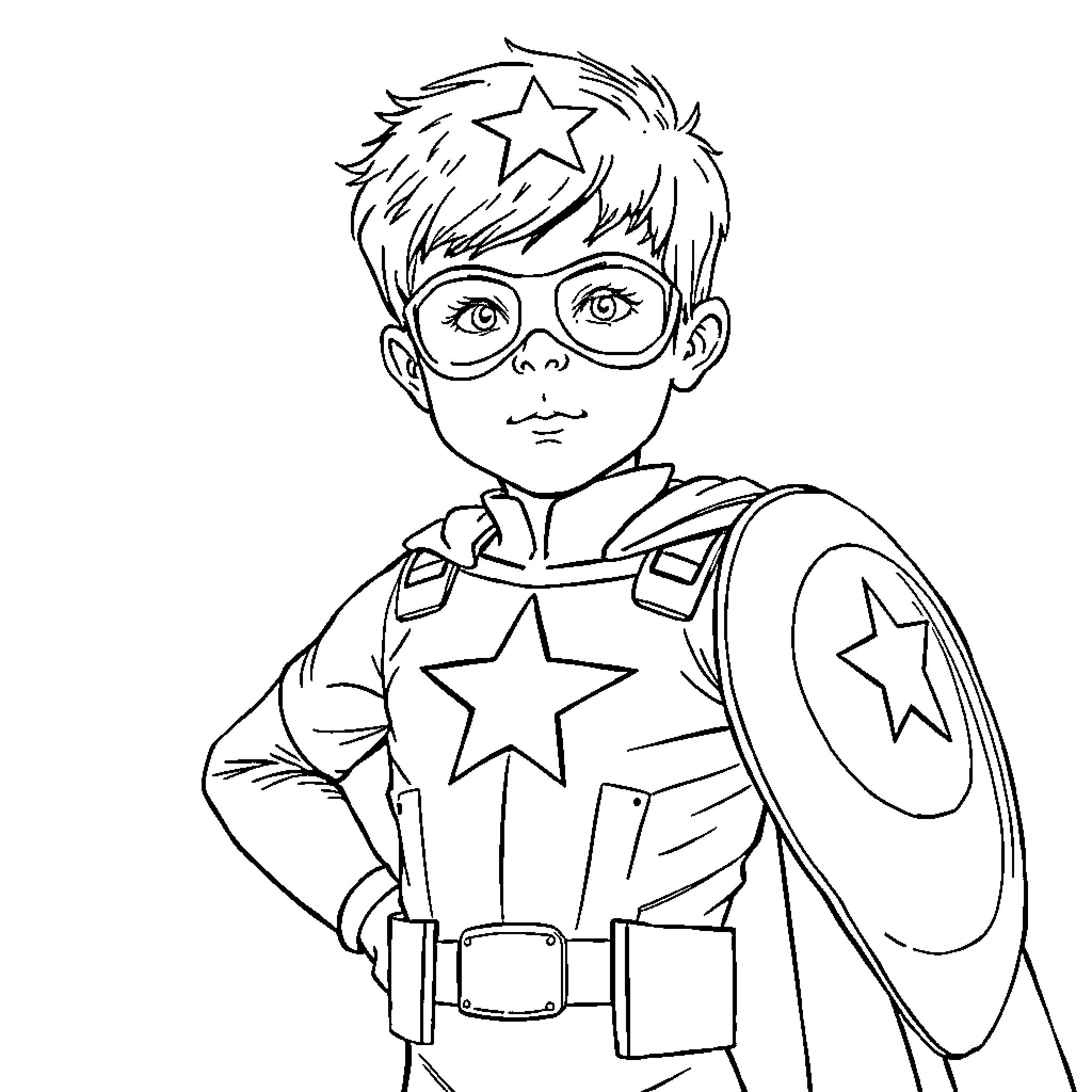 Niño dressed as a superhero with a star on his head Coloring Page (free black-and-white line drawing printable PDF for all, from beginners to advanced learners, including children, teens, adults, and seniors)