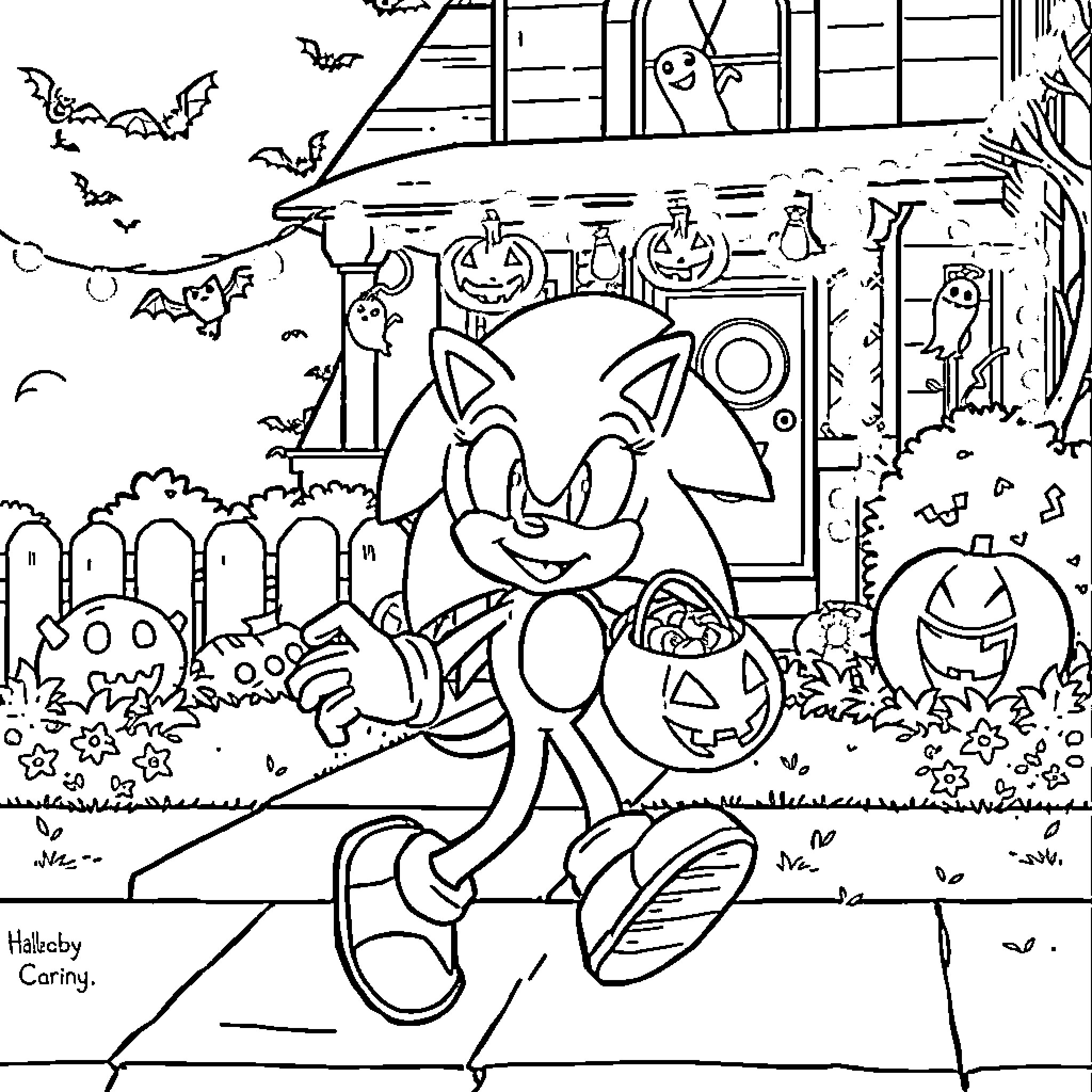 Sonic Enjoying Halloween in the Neighborhood Coloring Page (free black-and-white line drawing printable PDF for all, from beginners to advanced learners, including children, teens, adults, and seniors)