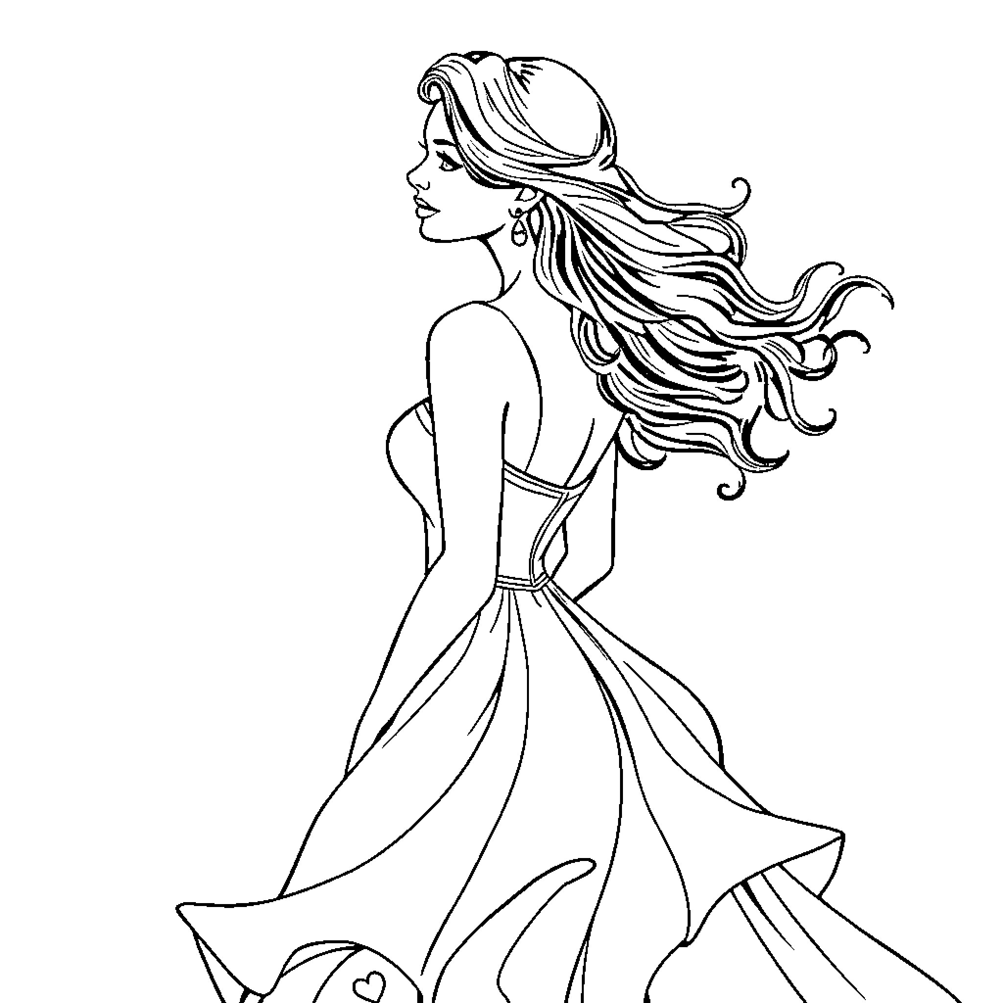 Lady in flowing dress with long wavy hair Coloring Page (free black-and-white line drawing printable PDF for all, from beginners to advanced learners, including children, teens, adults, and seniors)