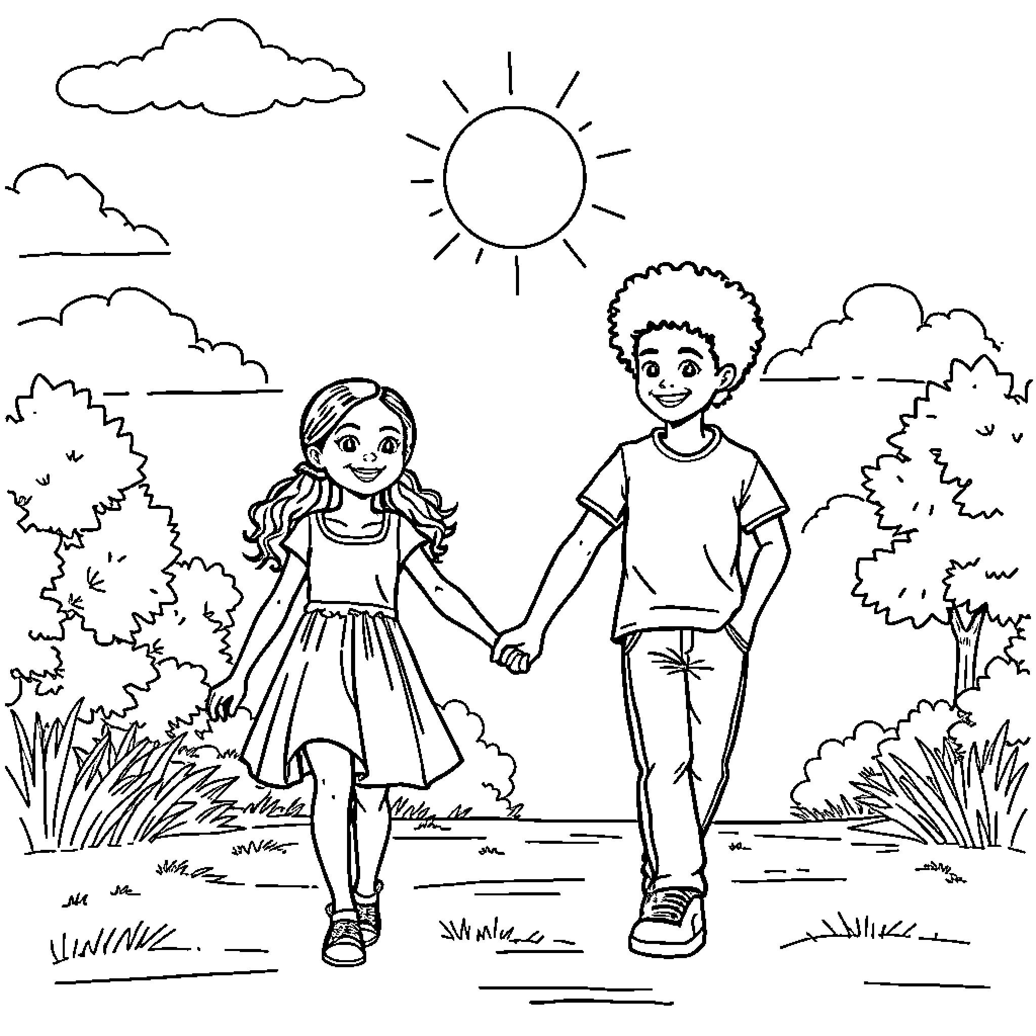 Child playing together in the park Coloring Page (free black-and-white line drawing printable PDF for all, from beginners to advanced learners, including children, teens, adults, and seniors)