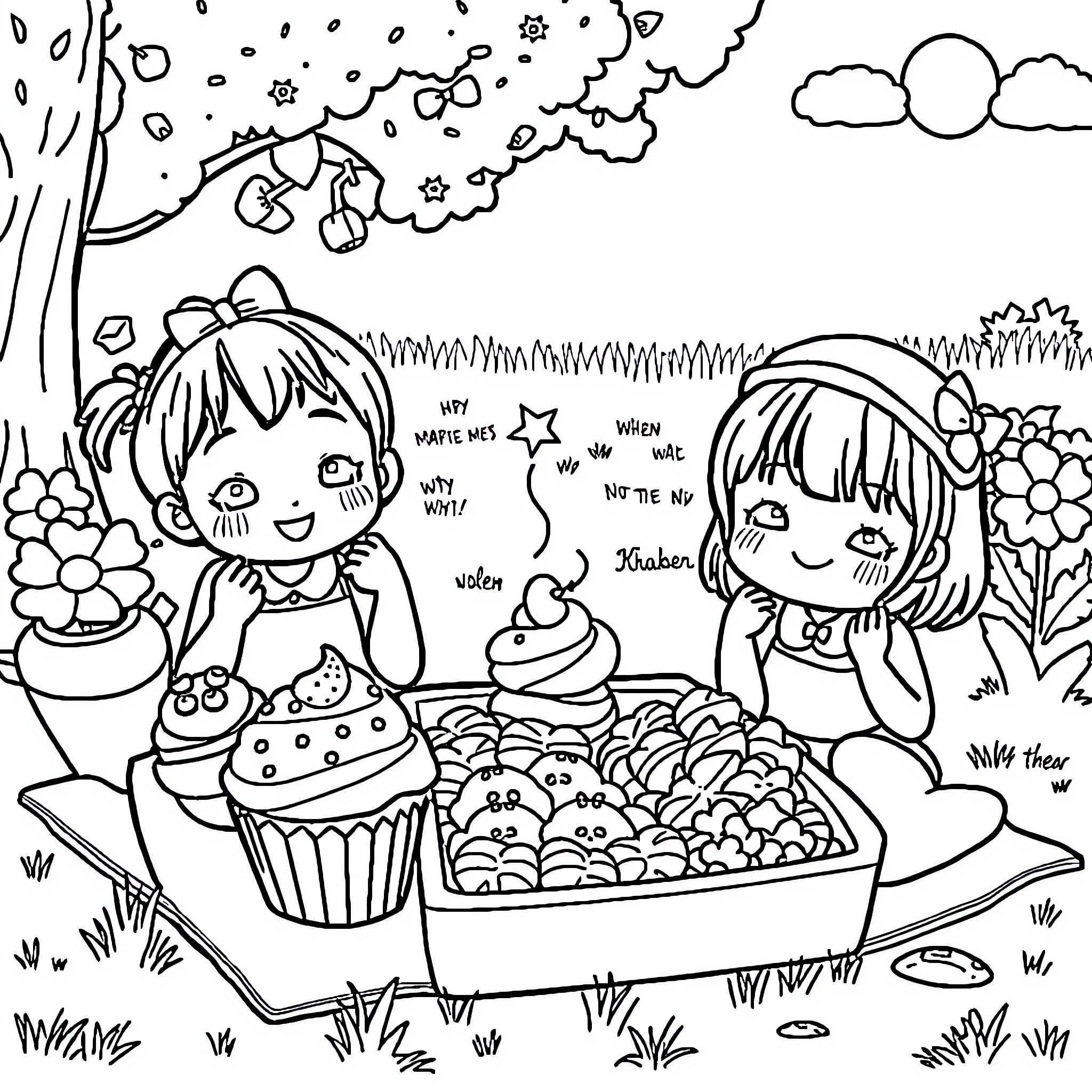 Food fun with friends in the garden Coloring Page (free black-and-white line drawing printable PDF for all, from beginners to advanced learners, including children, teens, adults, and seniors)