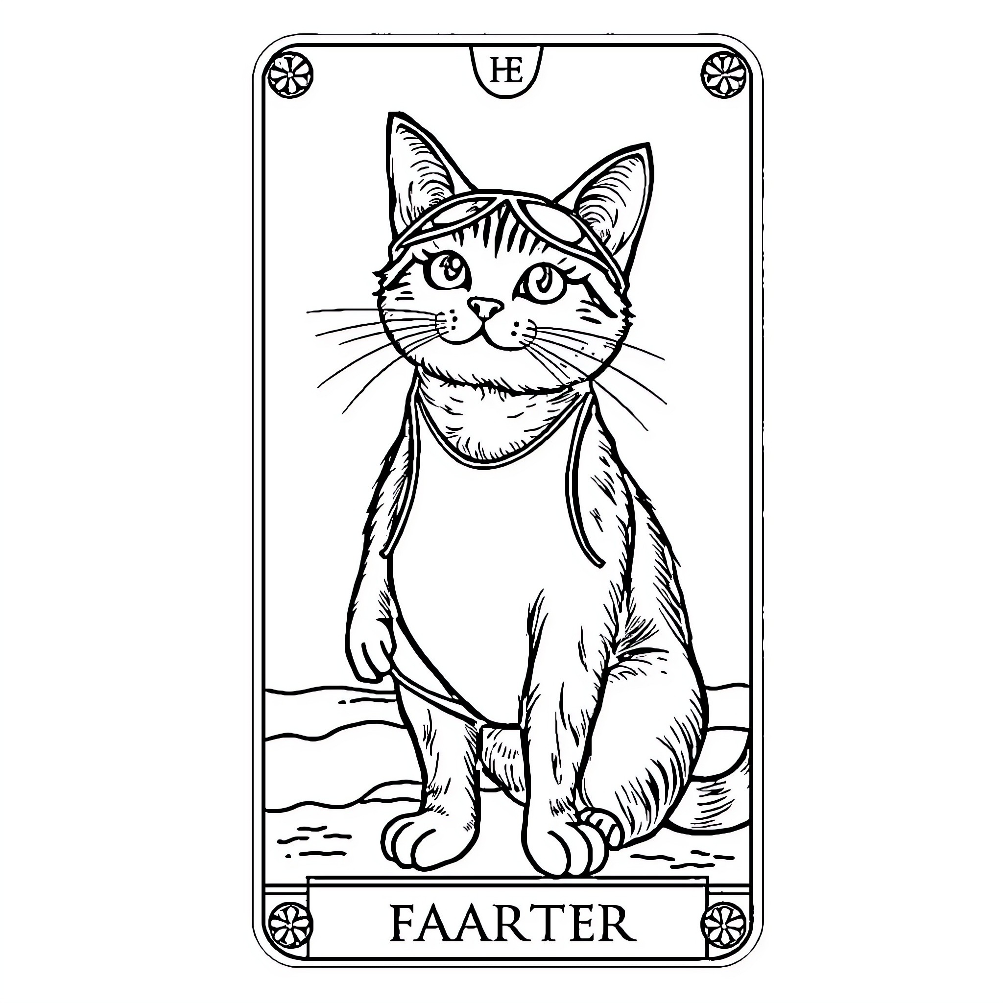 Cat in Medieval Tarot Card Illustration Coloring Page (free black-and-white line drawing printable PDF for all, from beginners to advanced learners, including children, teens, adults, and seniors)