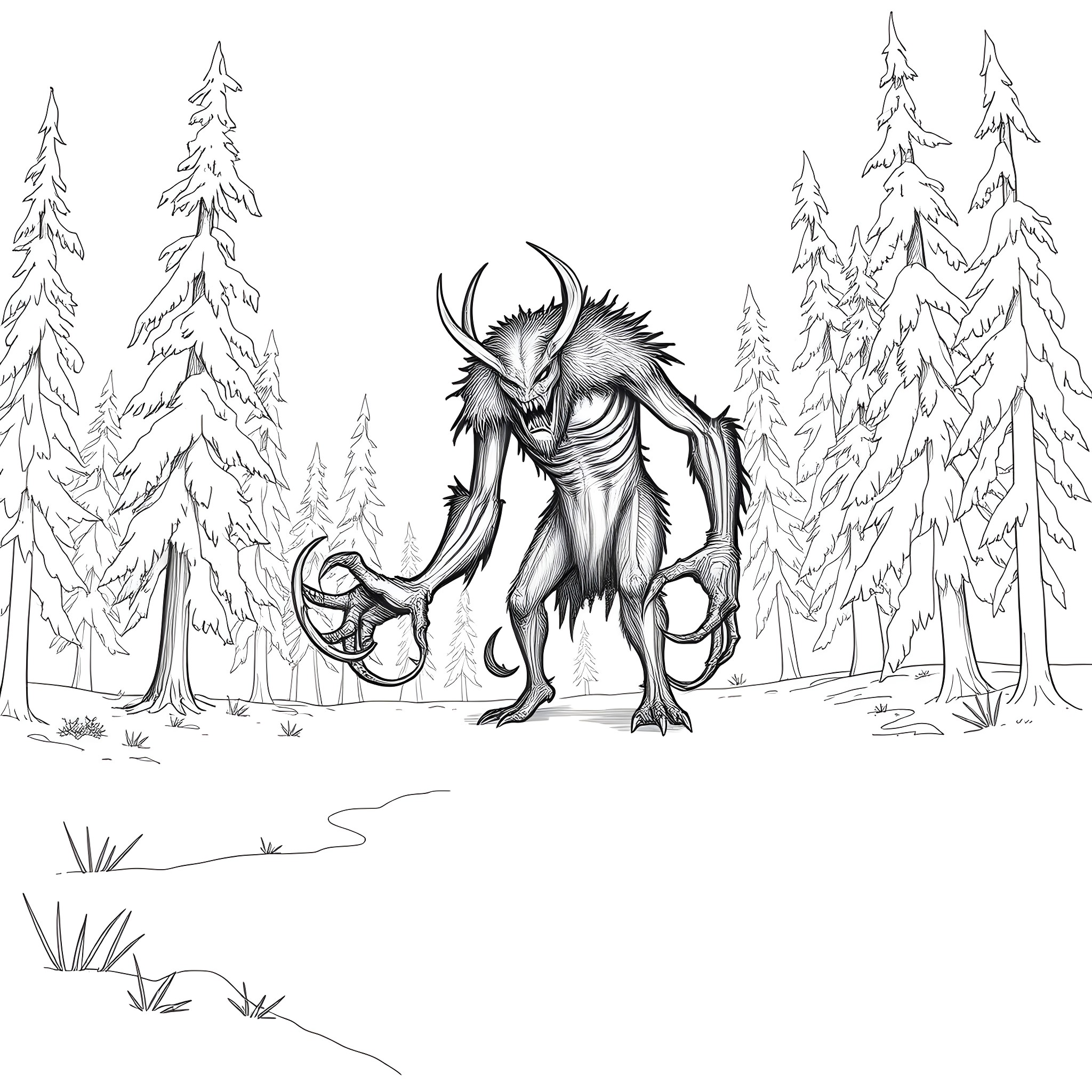 Wendigo stalking through the snowy forest Coloring Page (free black-and-white line drawing printable PDF for all, from beginners to advanced learners, including children, teens, adults, and seniors)