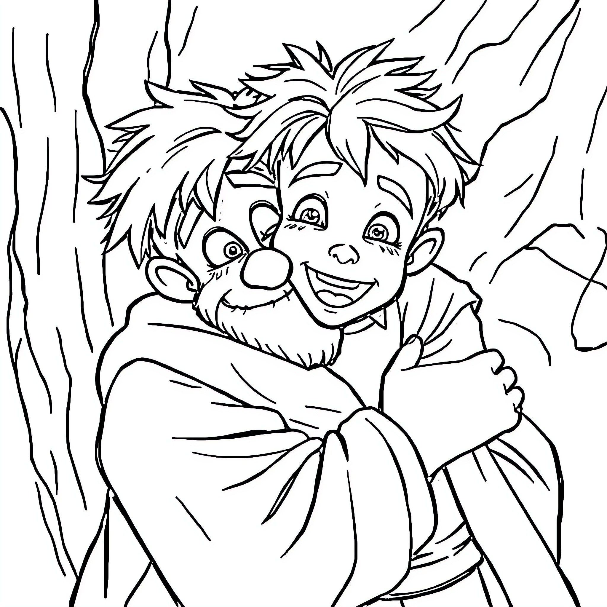 Eren's Joyful Expression in the Forest Coloring Page (free black-and-white line drawing printable PDF for all, from beginners to advanced learners, including children, teens, adults, and seniors)