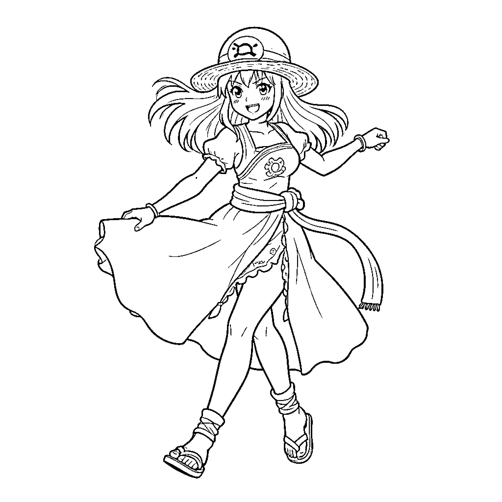 Nami the Adventurous Anime Character Coloring Page (free black-and-white line drawing printable PDF for all, from beginners to advanced learners, including children, teens, adults, and seniors)
