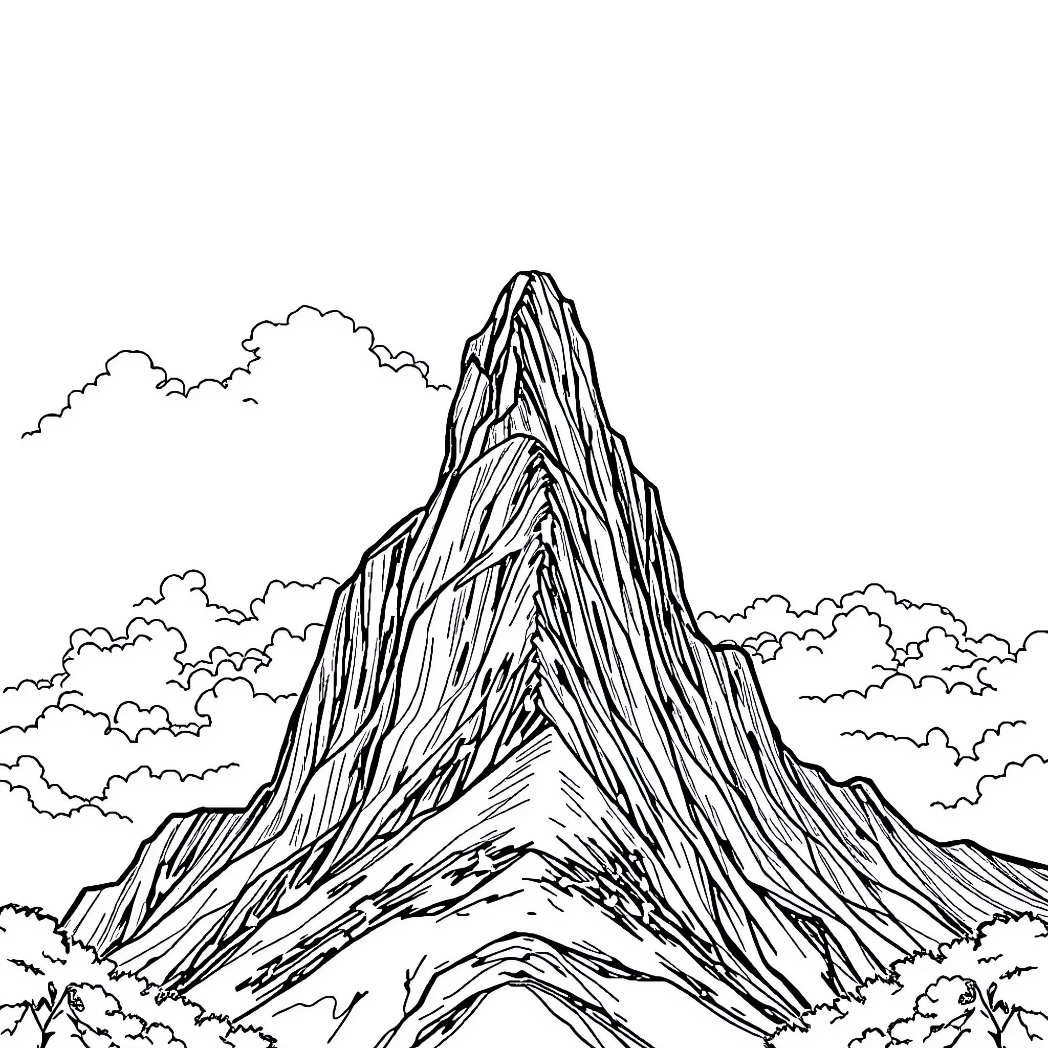 Mountain peak reaching high into the clouds Coloring Page (free black-and-white line drawing printable PDF for all, from beginners to advanced learners, including children, teens, adults, and seniors)