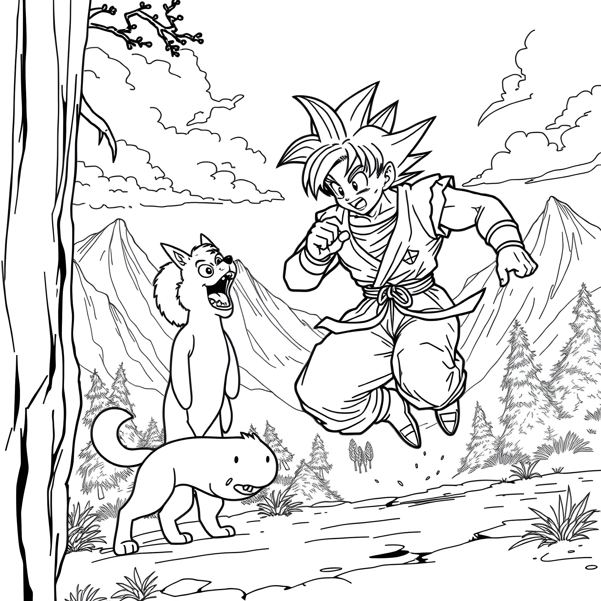 Son Goku battles fierce wolves in the wild Coloring Page (free black-and-white line drawing printable PDF for all, from beginners to advanced learners, including children, teens, adults, and seniors)