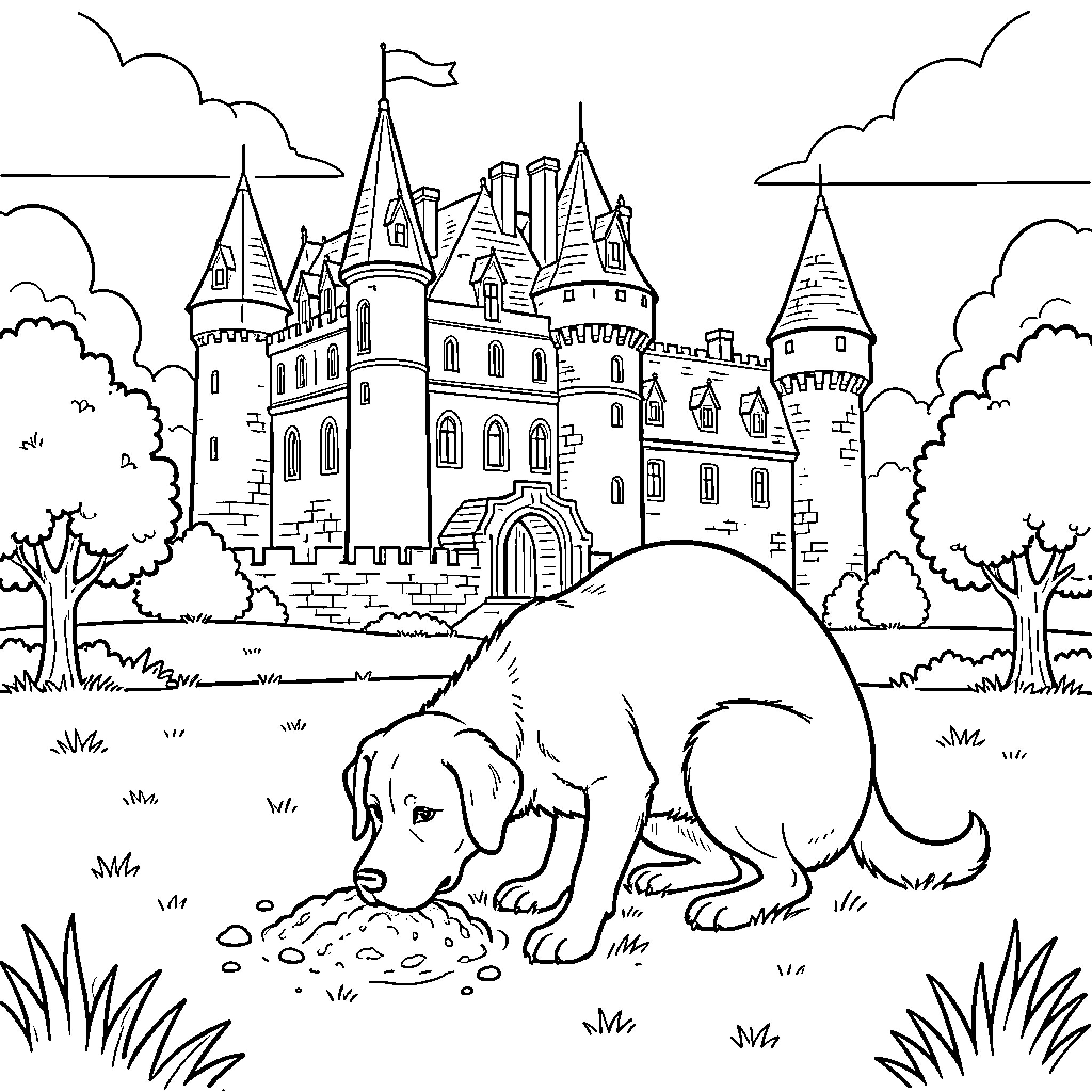 Dog exploring a medieval castle landscape Coloring Page (free black-and-white line drawing printable PDF for all, from beginners to advanced learners, including children, teens, adults, and seniors)