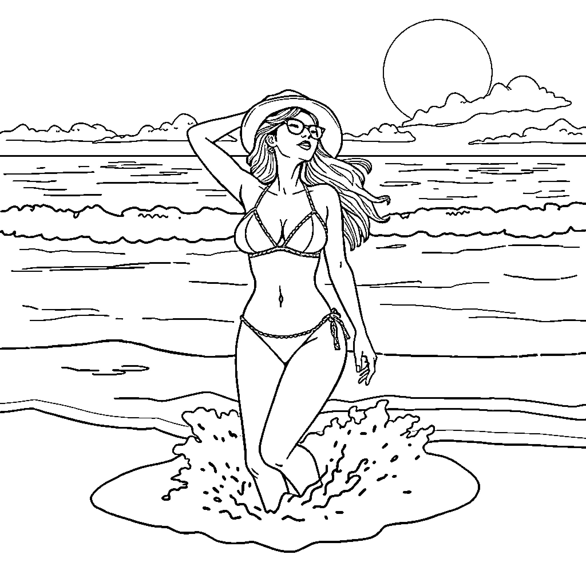 Girl enjoying the beach in swimsuit Coloring Page (free black-and-white line drawing printable PDF for all, from beginners to advanced learners, including children, teens, adults, and seniors)