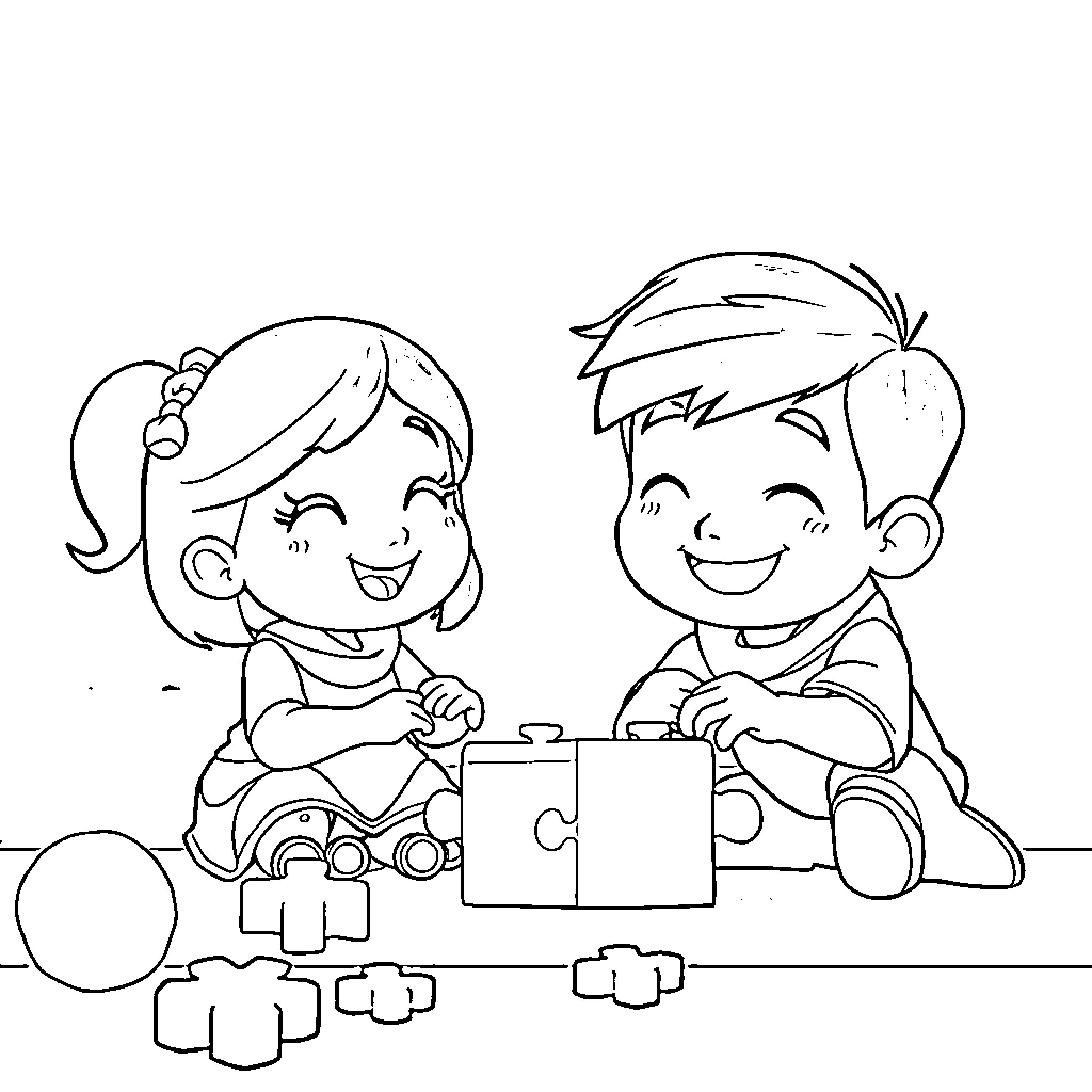 Child playing happily with building blocks Coloring Page (free black-and-white line drawing printable PDF for all, from beginners to advanced learners, including children, teens, adults, and seniors)