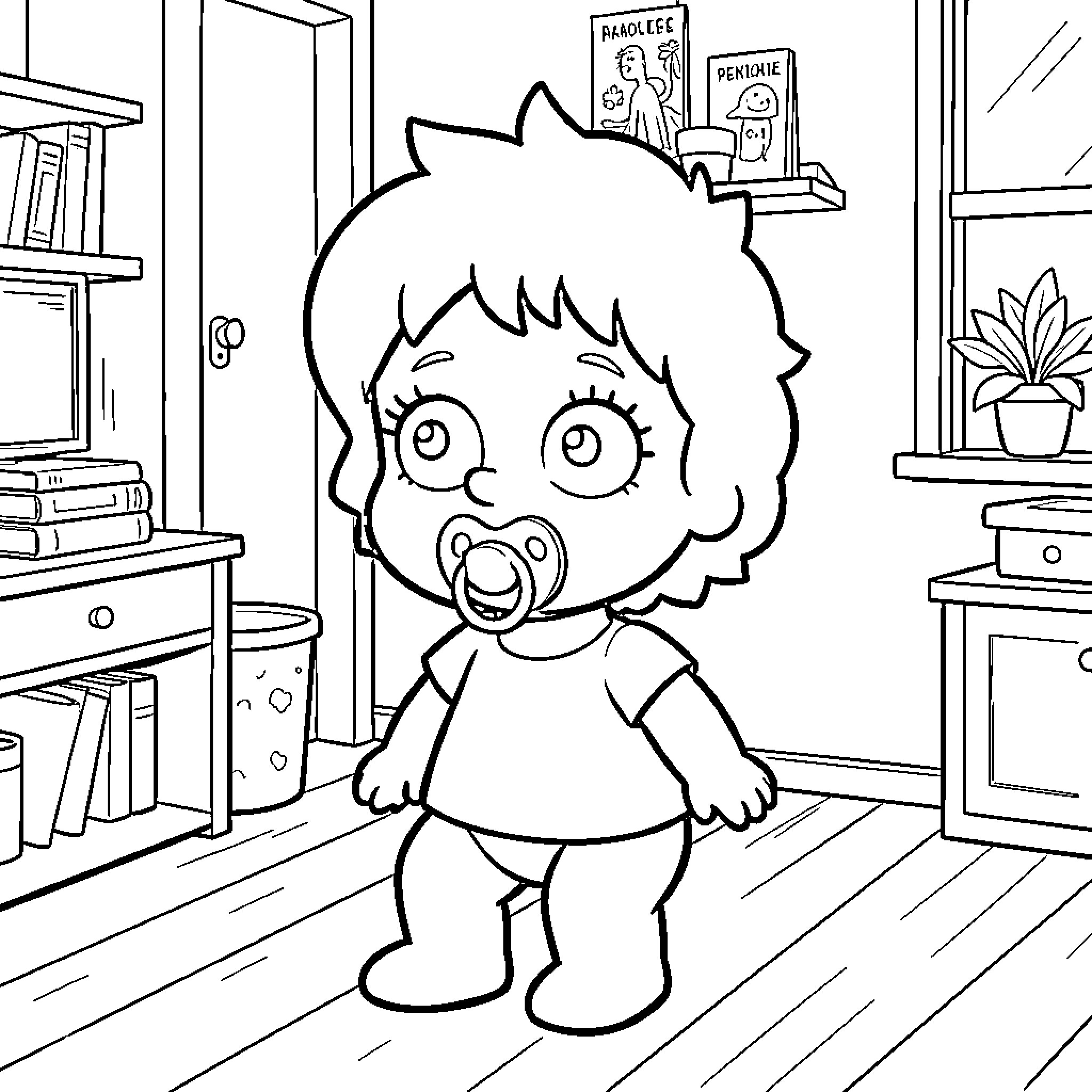 Maggie Simpson standing in a room with a pacifier Coloring Page (free black-and-white line drawing printable PDF for all, from beginners to advanced learners, including children, teens, adults, and seniors)