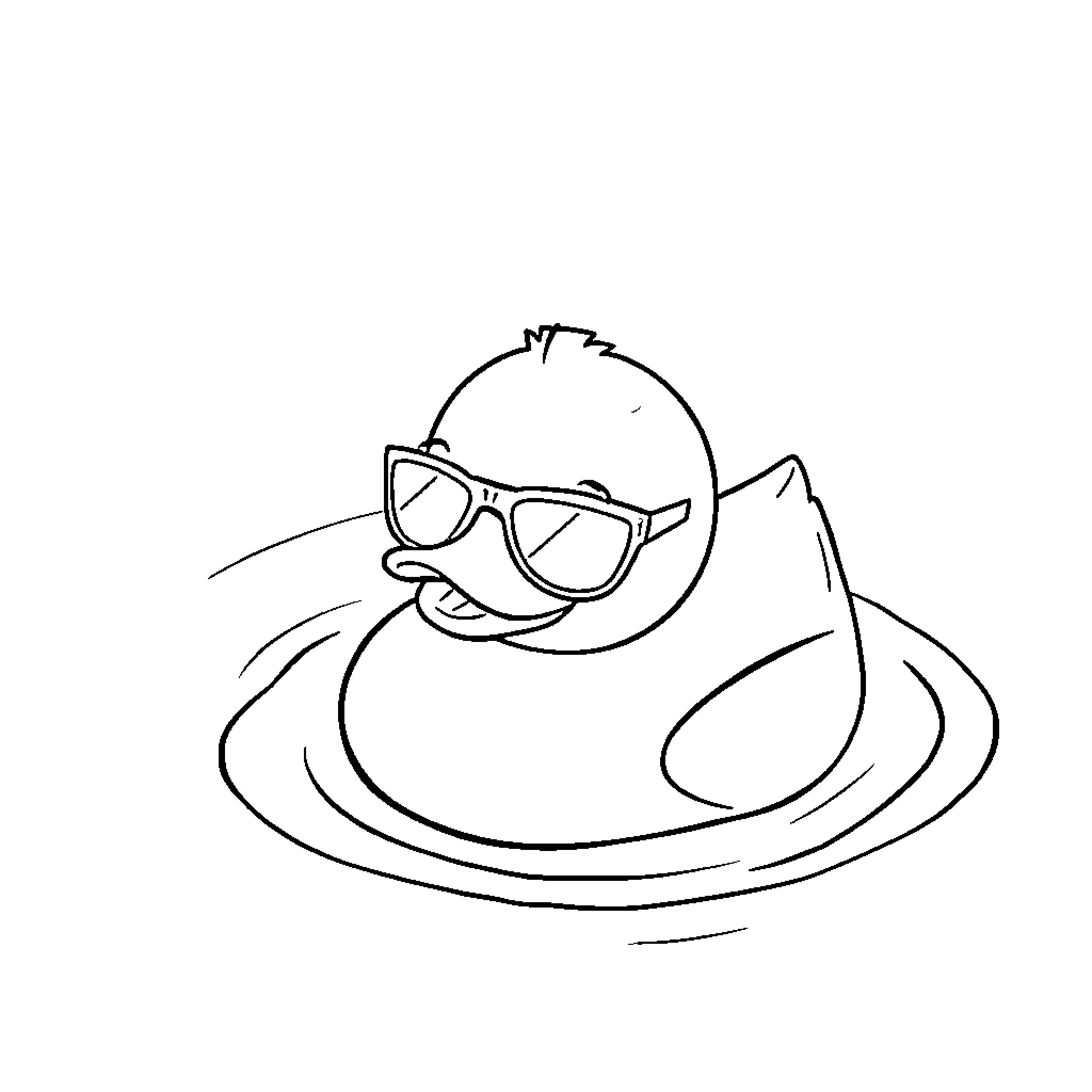 Rubber Duck in Sunglasses Relaxing on Water Coloring Page (free black-and-white line drawing printable PDF for all, from beginners to advanced learners, including children, teens, adults, and seniors)