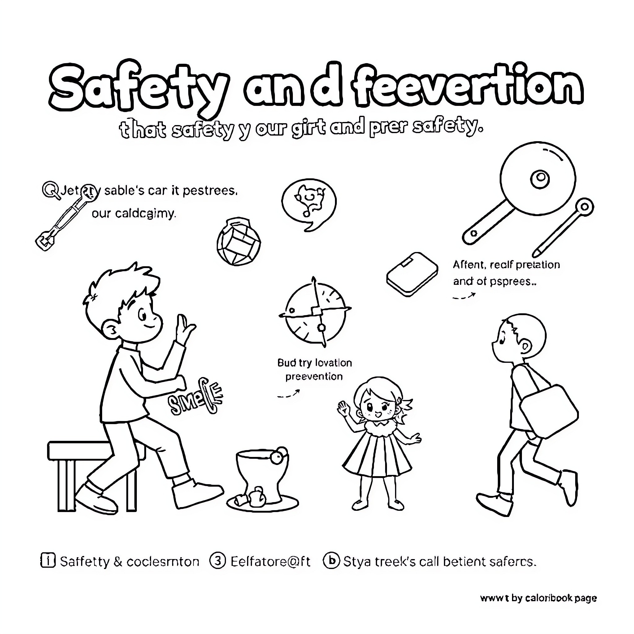 Safety and Prevention through Various Actions Coloring Page (free black-and-white line drawing printable PDF for all, from beginners to advanced learners, including children, teens, adults, and seniors)