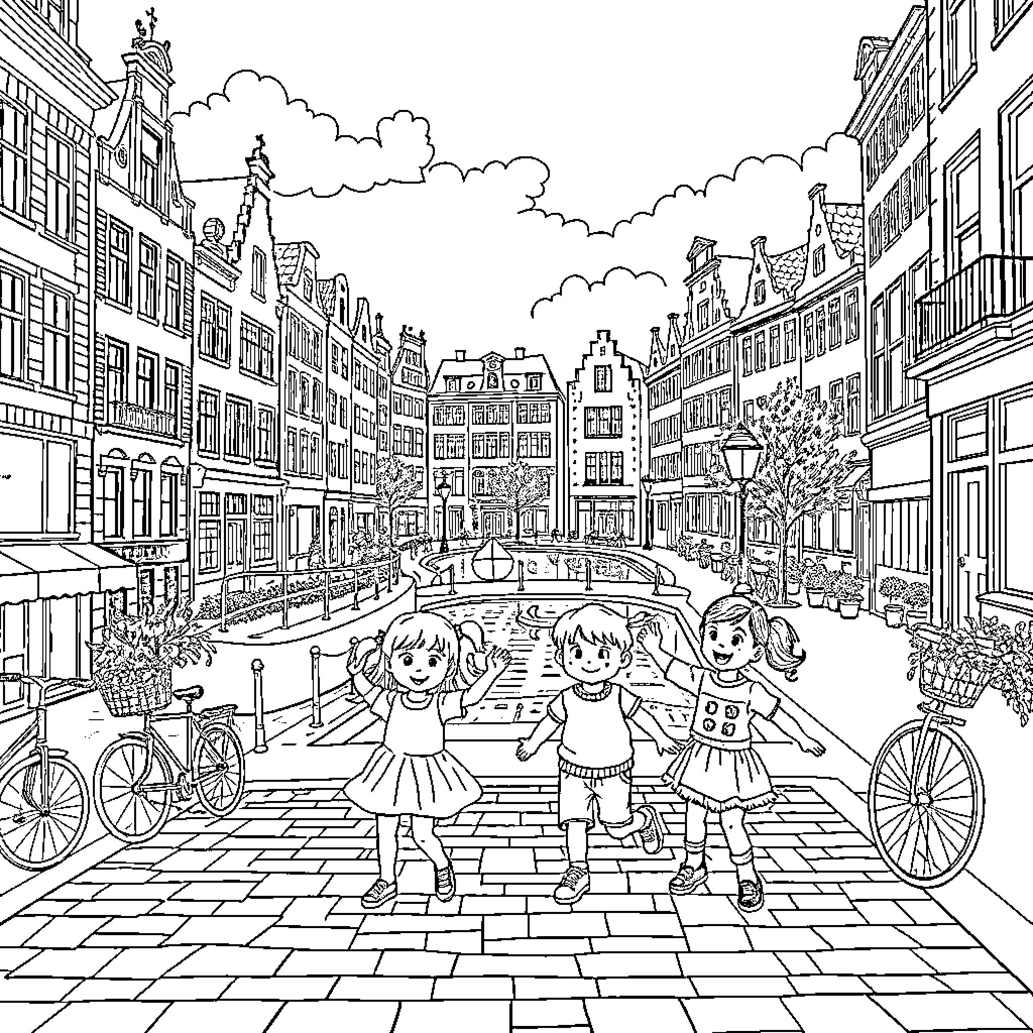 Kid Friends Exploring Charming European City Street Coloring Page (free black-and-white line drawing printable PDF for all, from beginners to advanced learners, including children, teens, adults, and seniors)