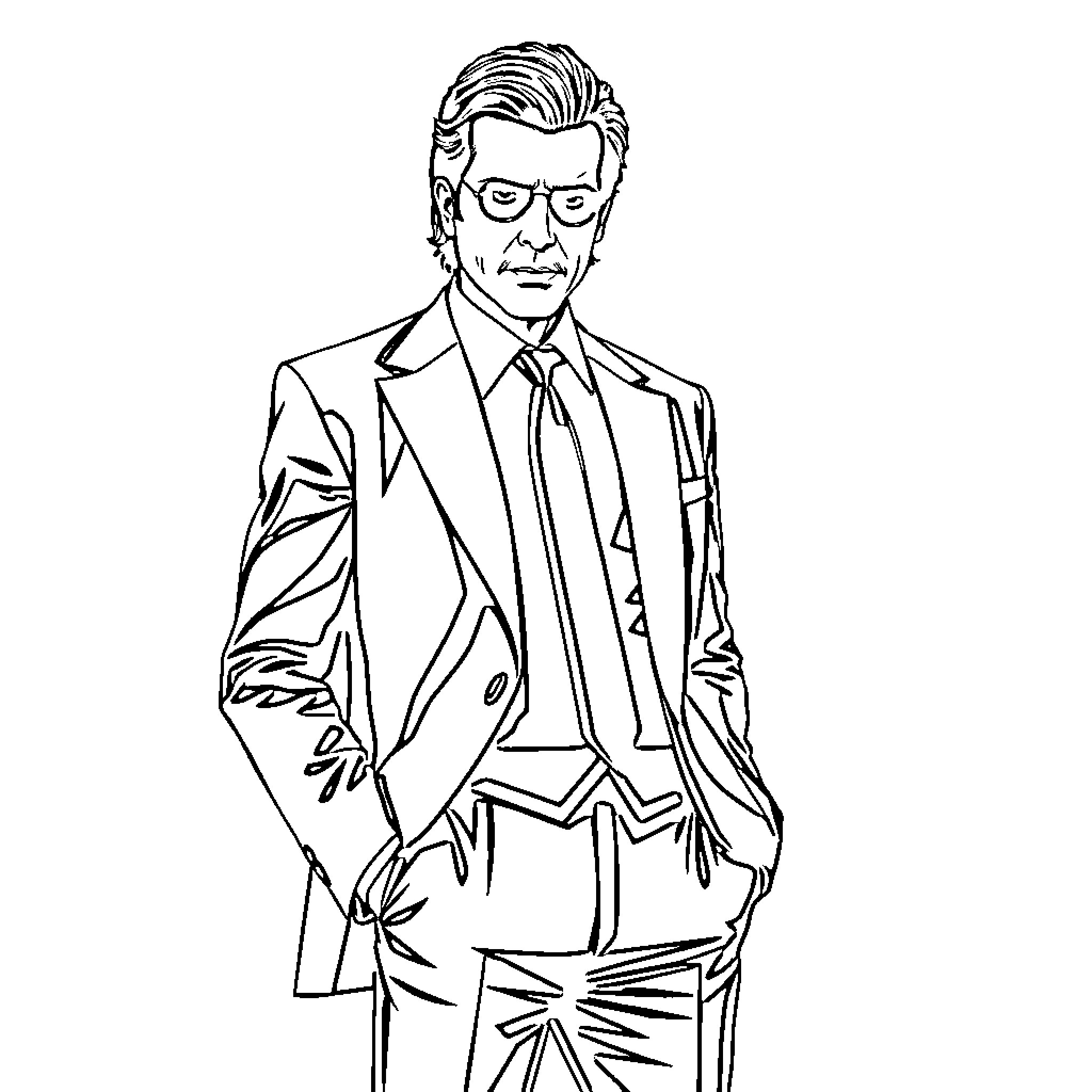 Vincent Vega, the Enigmatic Gentleman in Suit Coloring Page (free black-and-white line drawing printable PDF for all, from beginners to advanced learners, including children, teens, adults, and seniors)