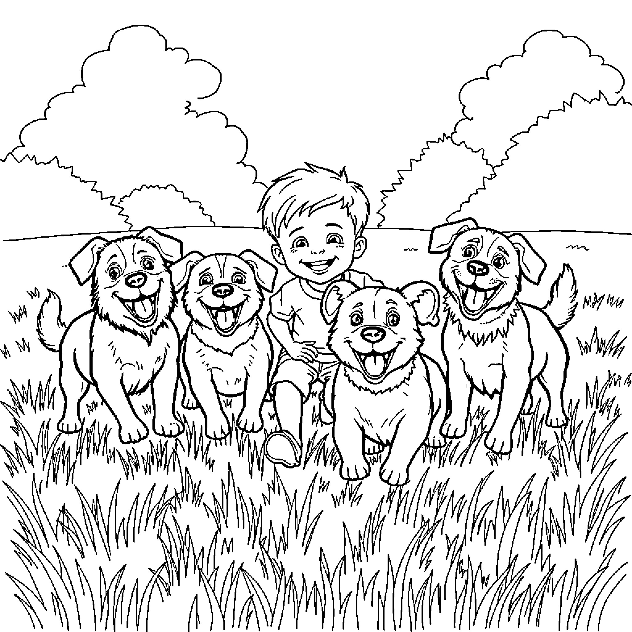 Dog and child playing happily in the park Coloring Page (free black-and-white line drawing printable PDF for all, from beginners to advanced learners, including children, teens, adults, and seniors)