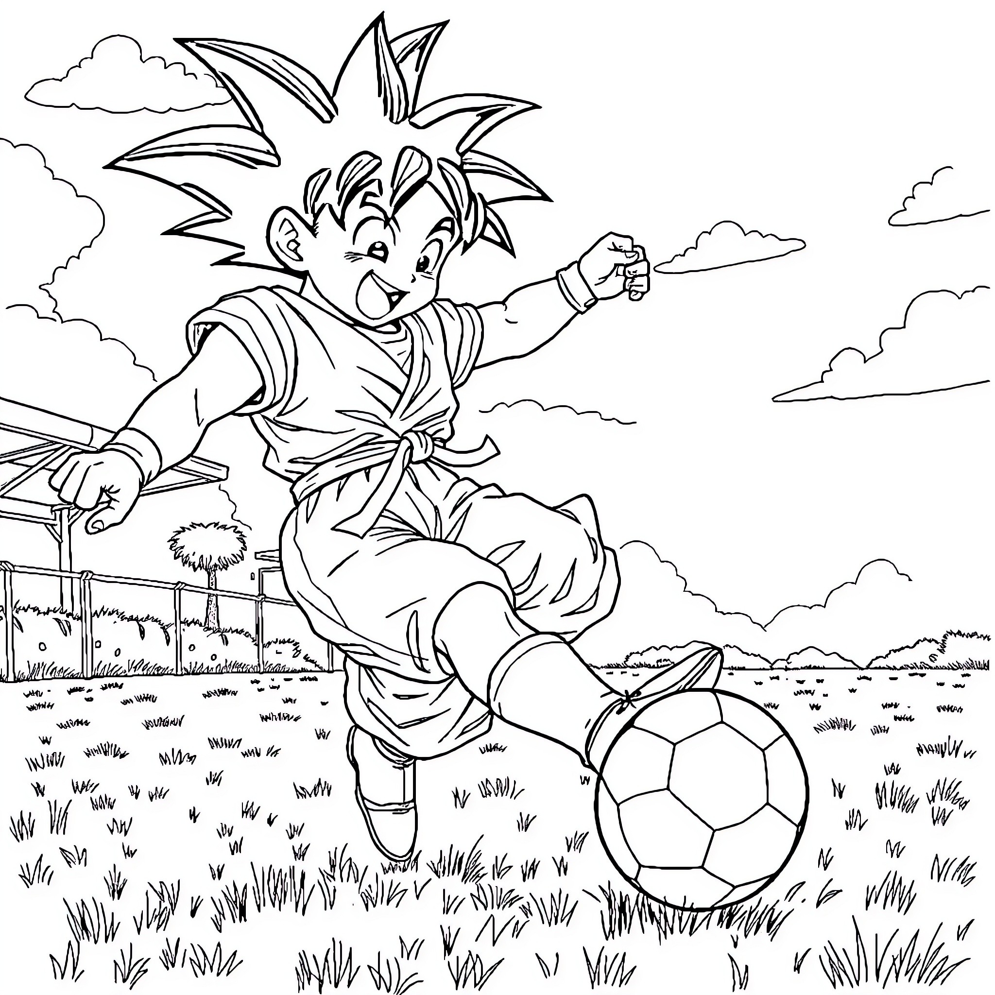 Goku playing soccer in the field Coloring Page (free black-and-white line drawing printable PDF for all, from beginners to advanced learners, including children, teens, adults, and seniors)