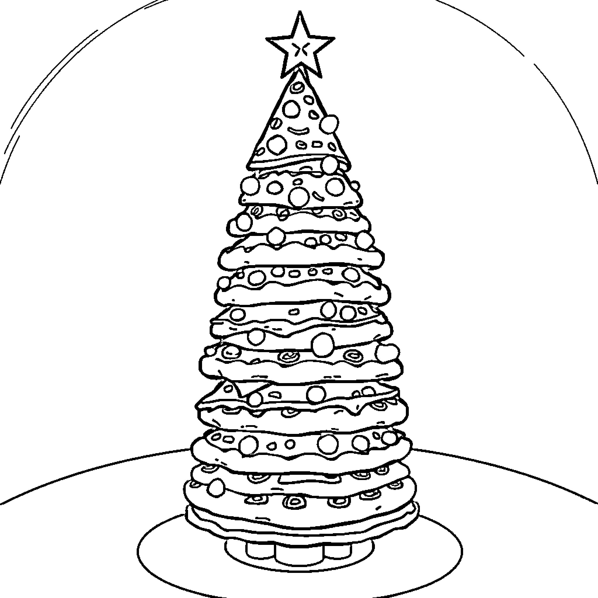 Pizza-shaped Christmas tree with decorations Coloring Page (free black-and-white line drawing printable PDF for all, from beginners to advanced learners, including children, teens, adults, and seniors)
