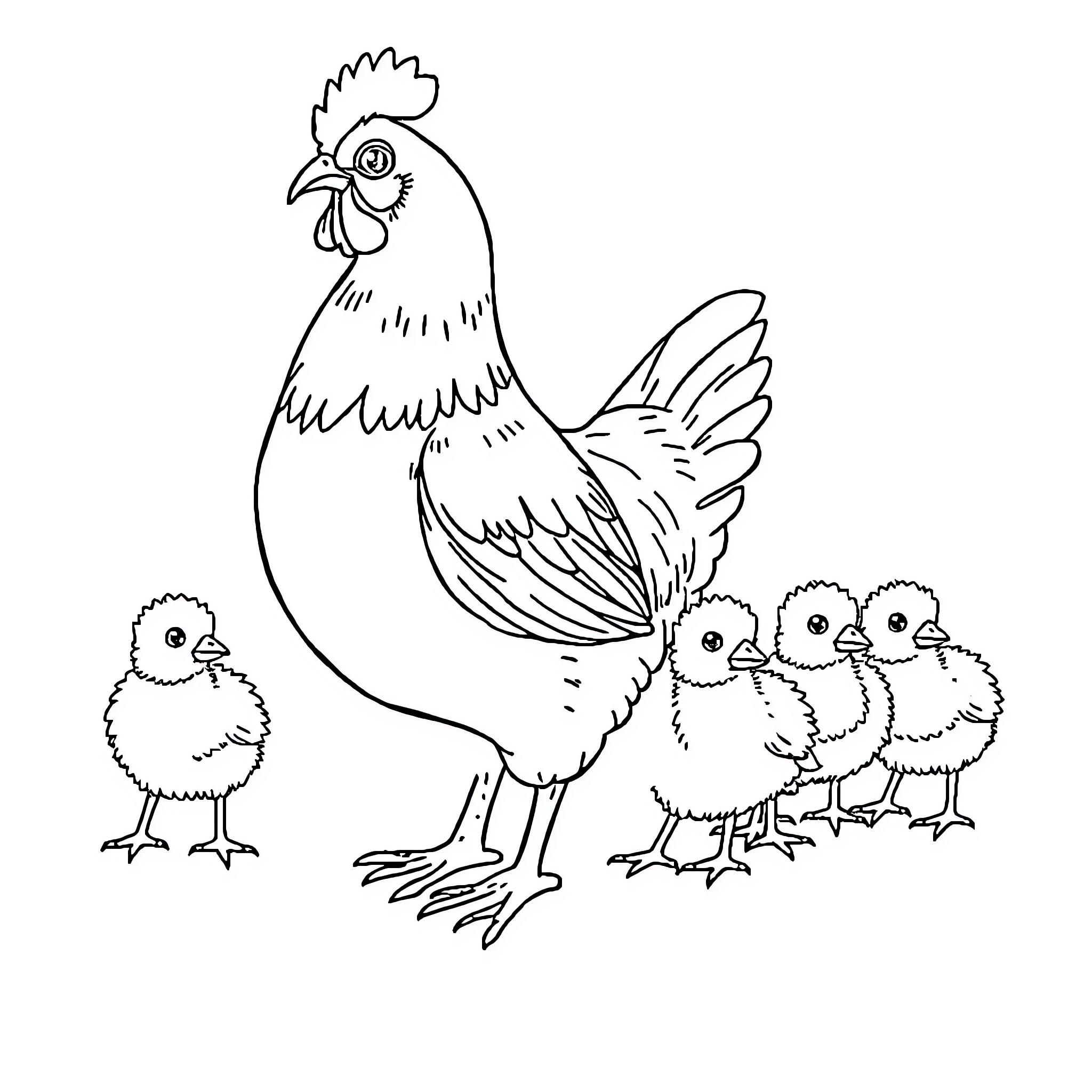 Chicken with chicks in a farmyard scene Coloring Page (free black-and-white line drawing printable PDF for all, from beginners to advanced learners, including children, teens, adults, and seniors)