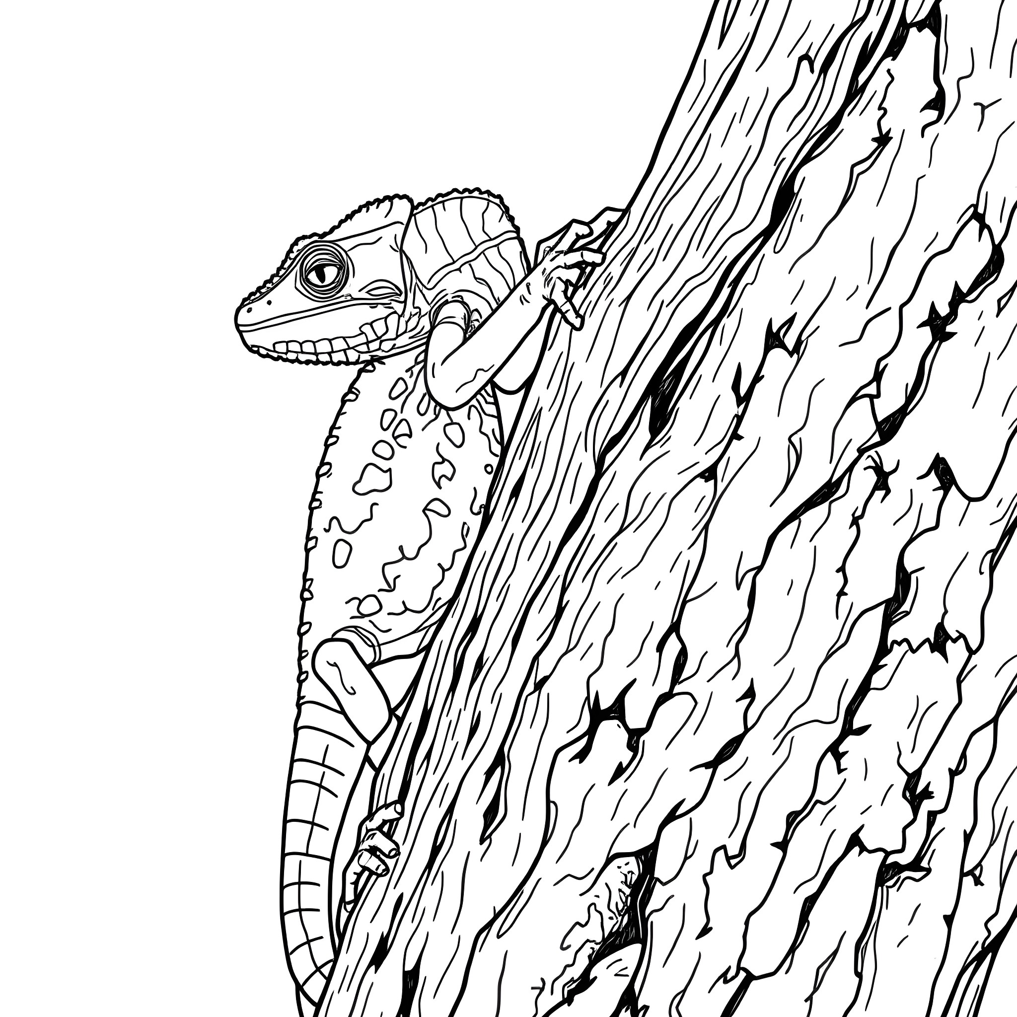 Chameleon Climbing Textured Tree Trunk Coloring Page (free black-and-white line drawing printable PDF for all, from beginners to advanced learners, including children, teens, adults, and seniors)