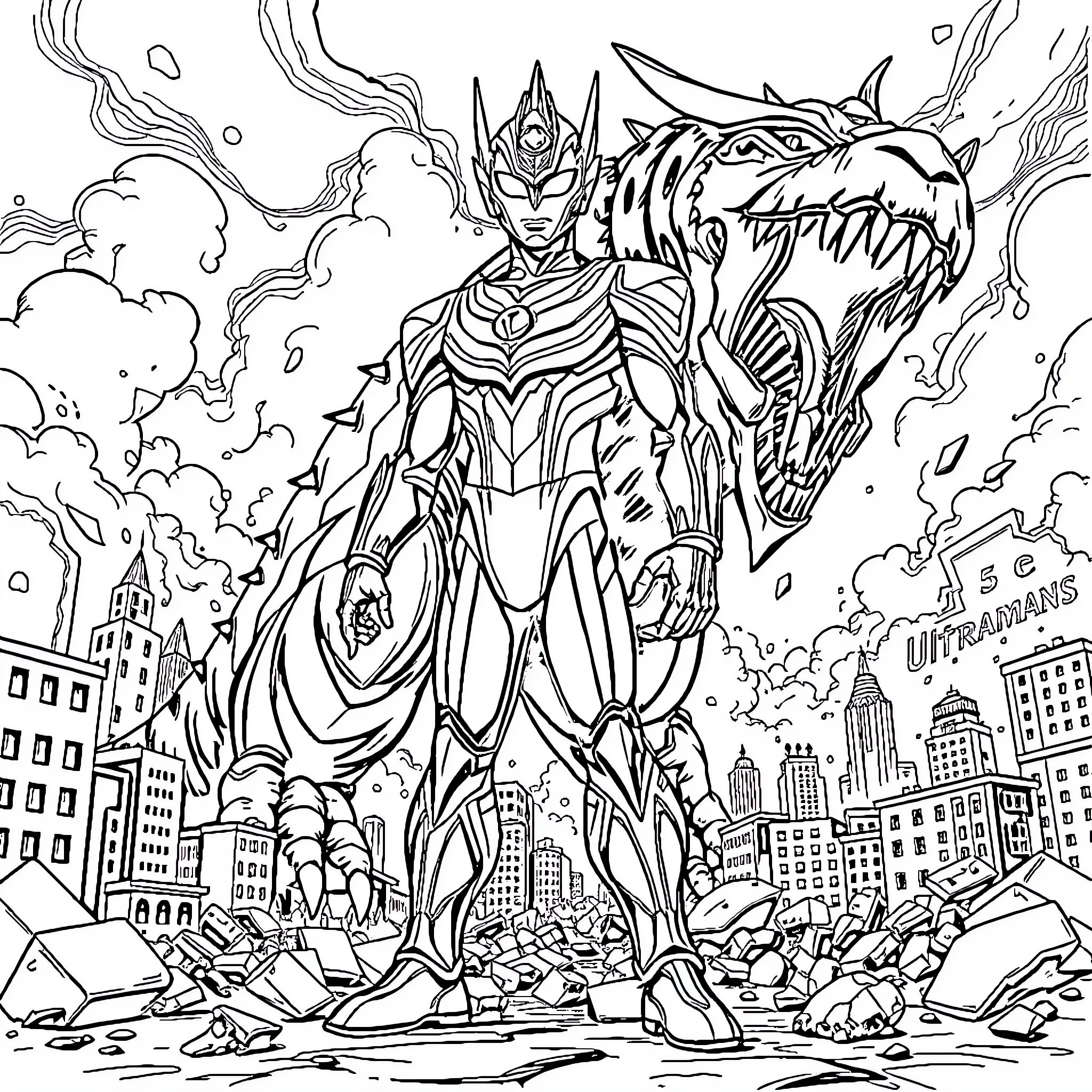 Ultraman battles giant monster in city Coloring Page (free black-and-white line drawing printable PDF for all, from beginners to advanced learners, including children, teens, adults, and seniors)