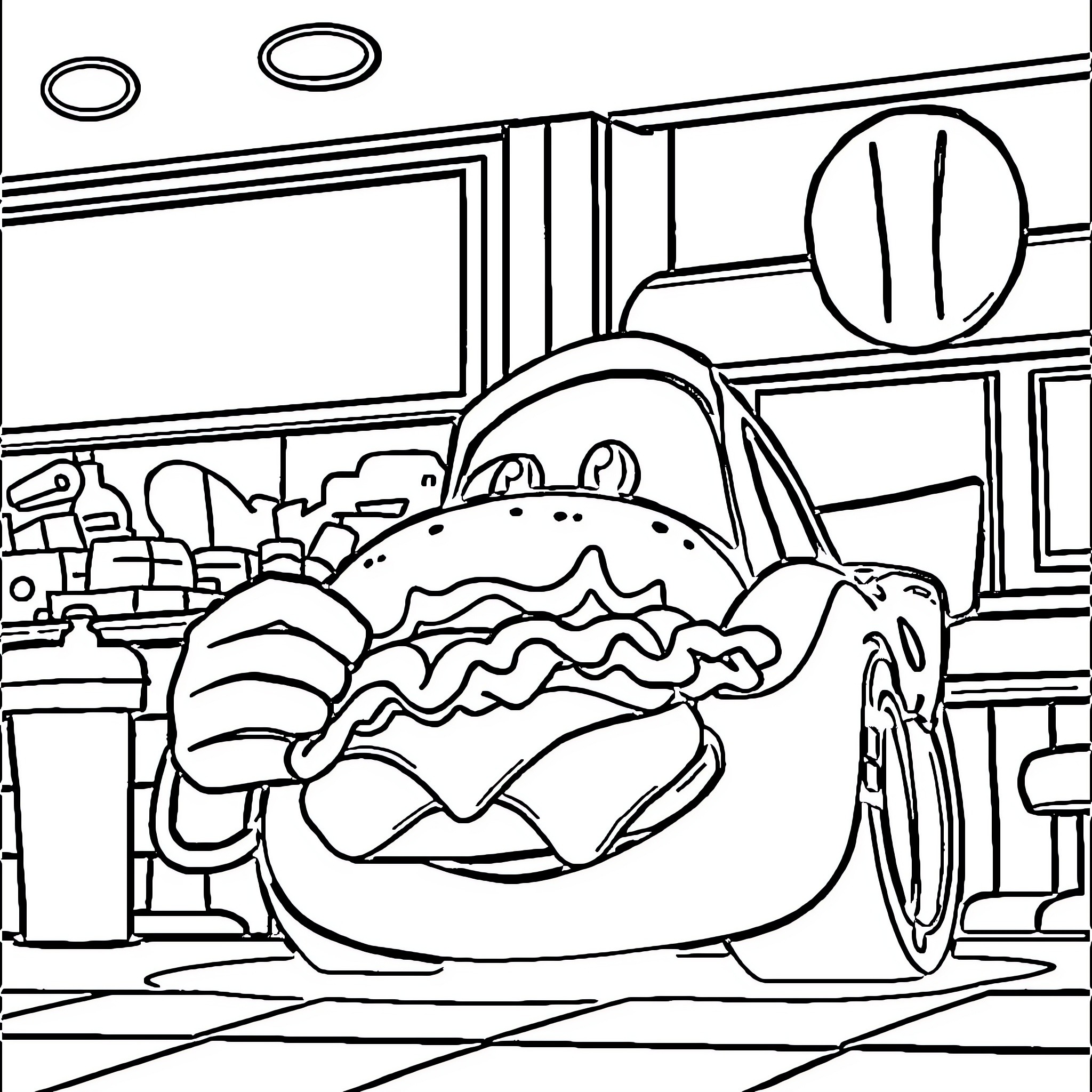 Flash McQueen Enjoying a Delicious Snack Coloring Page (free black-and-white line drawing printable PDF for all, from beginners to advanced learners, including children, teens, adults, and seniors)