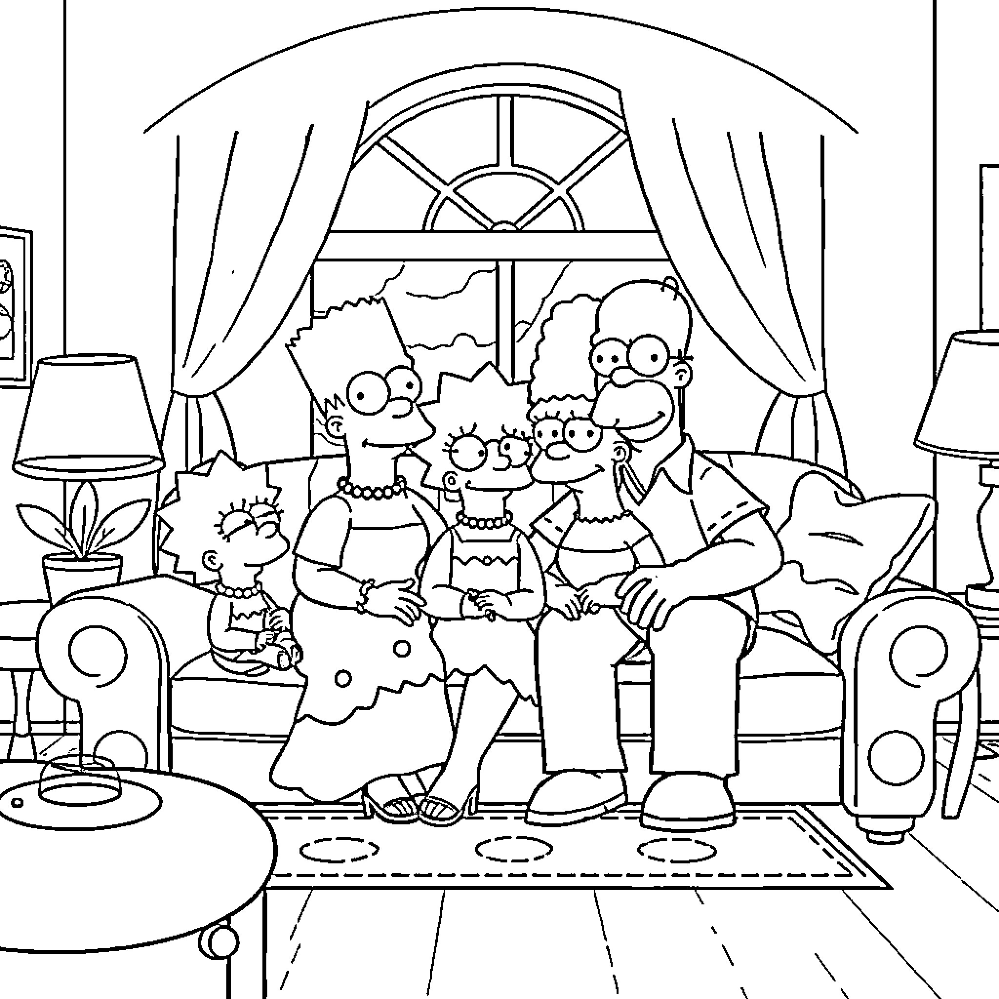 Simpson family gathered in the living room Coloring Page (free black-and-white line drawing printable PDF for all, from beginners to advanced learners, including children, teens, adults, and seniors)