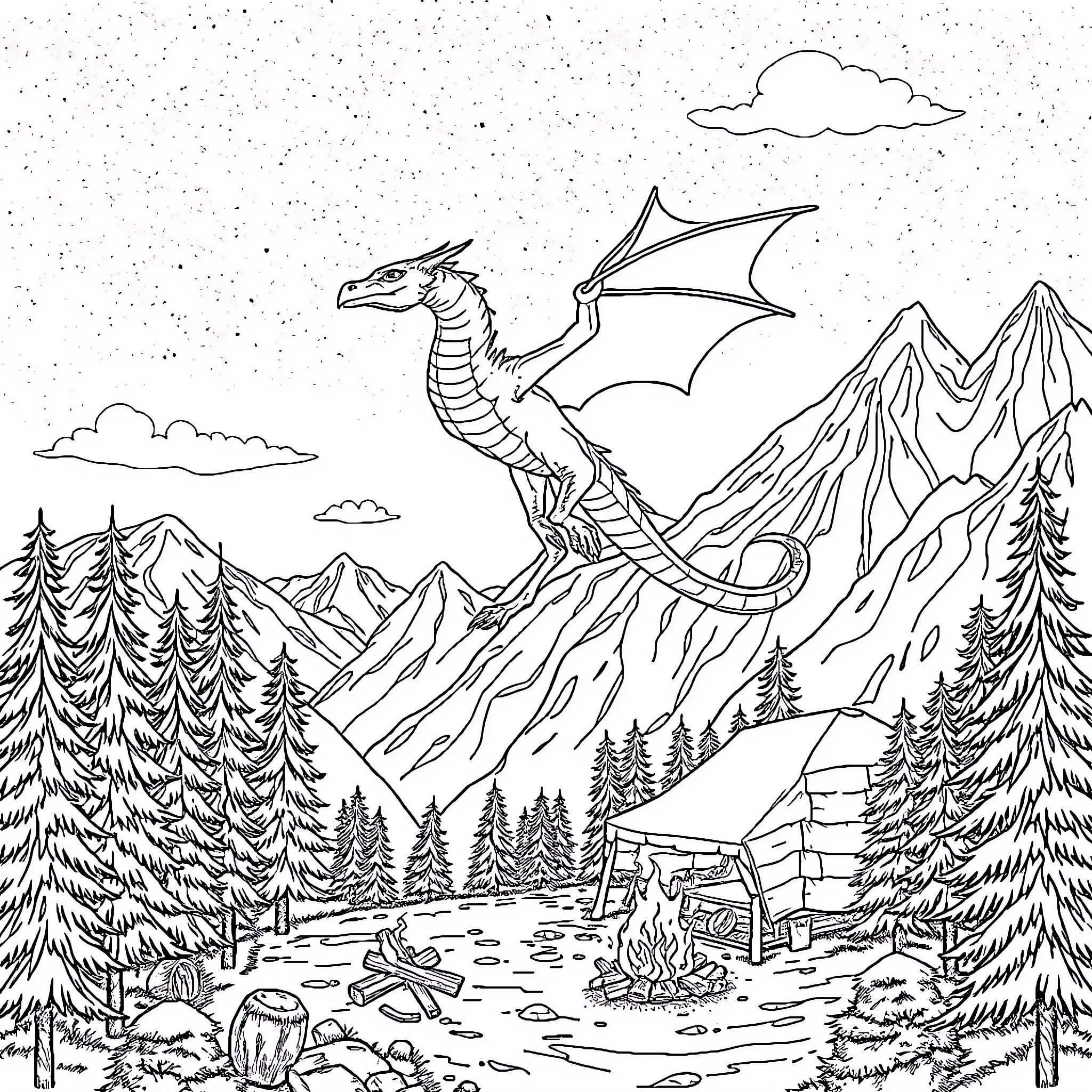 Dragon soaring over a snowy mountain landscape Coloring Page (free black-and-white line drawing printable PDF for all, from beginners to advanced learners, including children, teens, adults, and seniors)