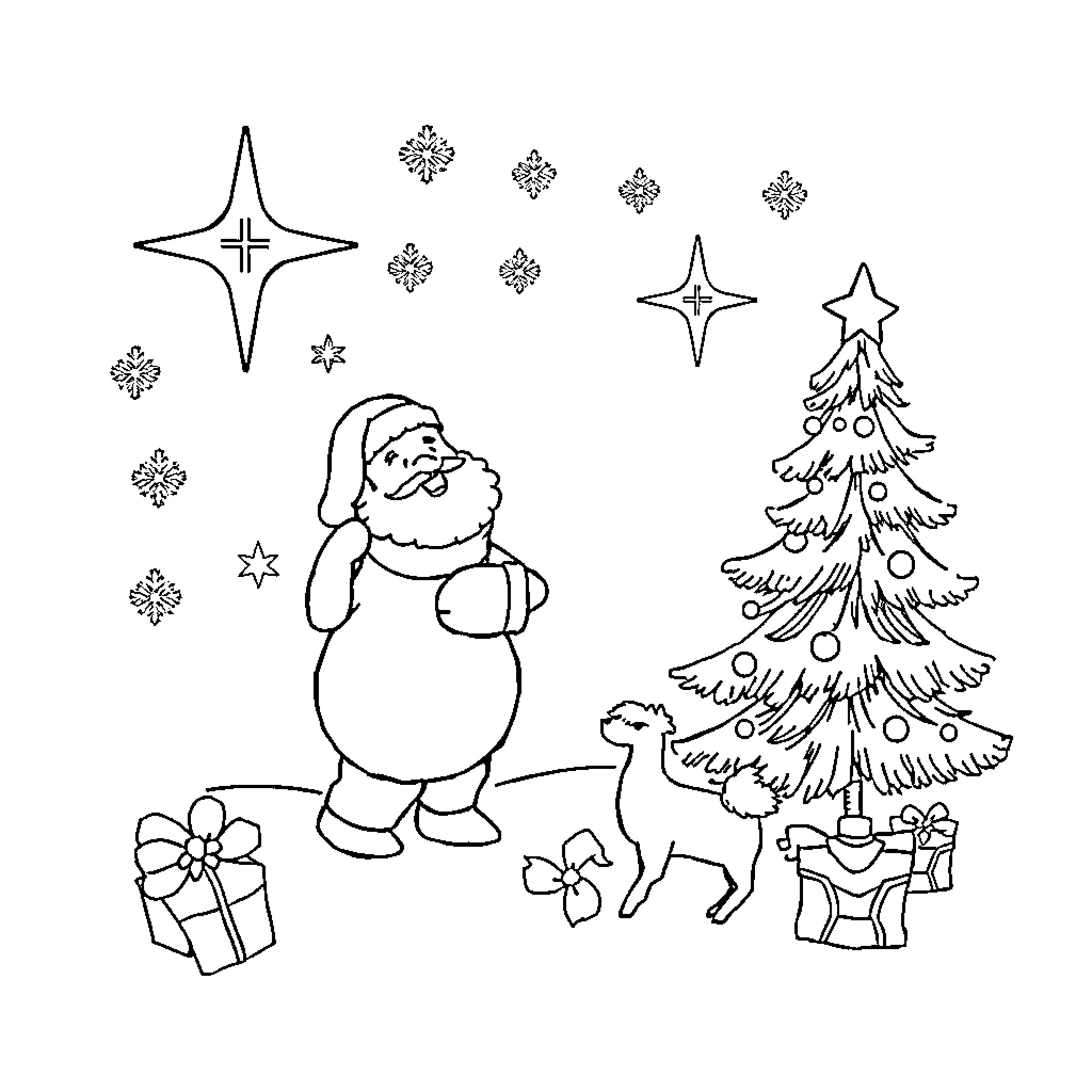 Christmas Santa with puppy and decorated tree Coloring Page (free black-and-white line drawing printable PDF for all, from beginners to advanced learners, including children, teens, adults, and seniors)