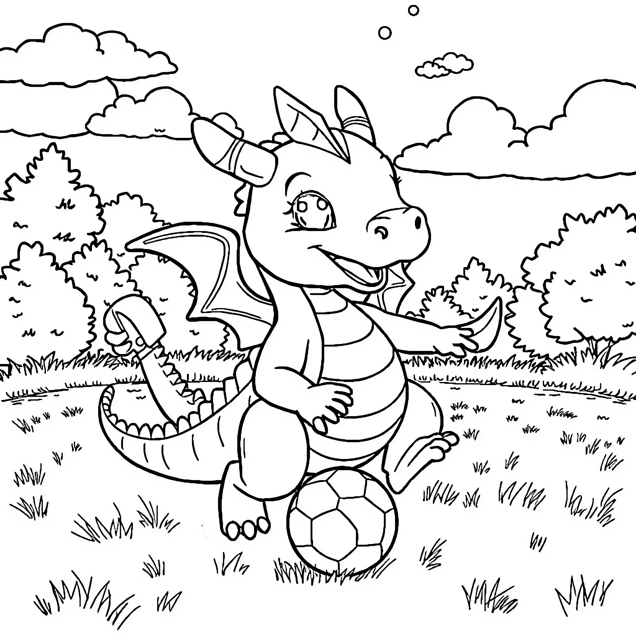 Dragon playing joyfully with soccer ball in nature Coloring Page (free black-and-white line drawing printable PDF for all, from beginners to advanced learners, including children, teens, adults, and seniors)