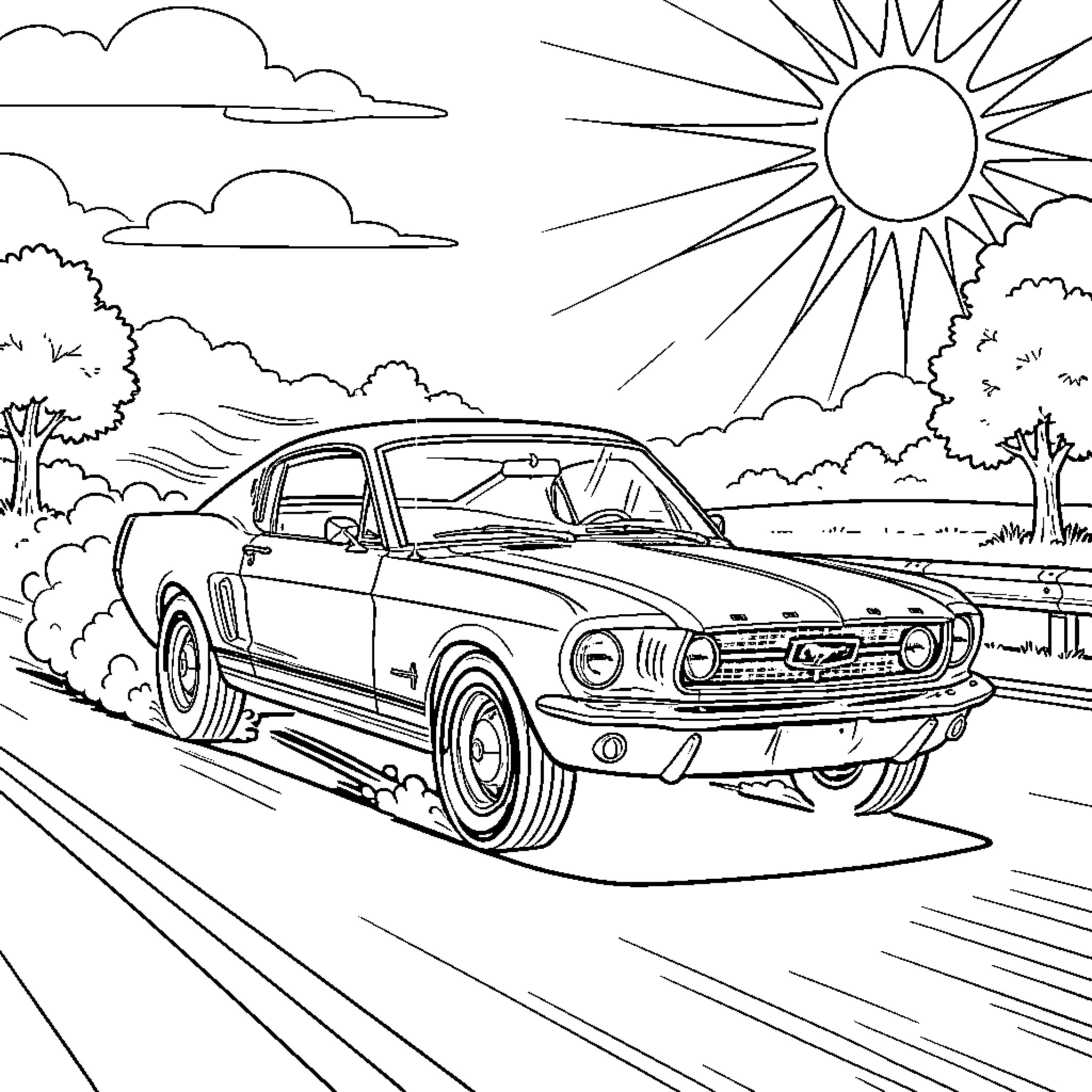 Ford Mustang driving down a scenic road Coloring Page (free black-and-white line drawing printable PDF for all, from beginners to advanced learners, including children, teens, adults, and seniors)