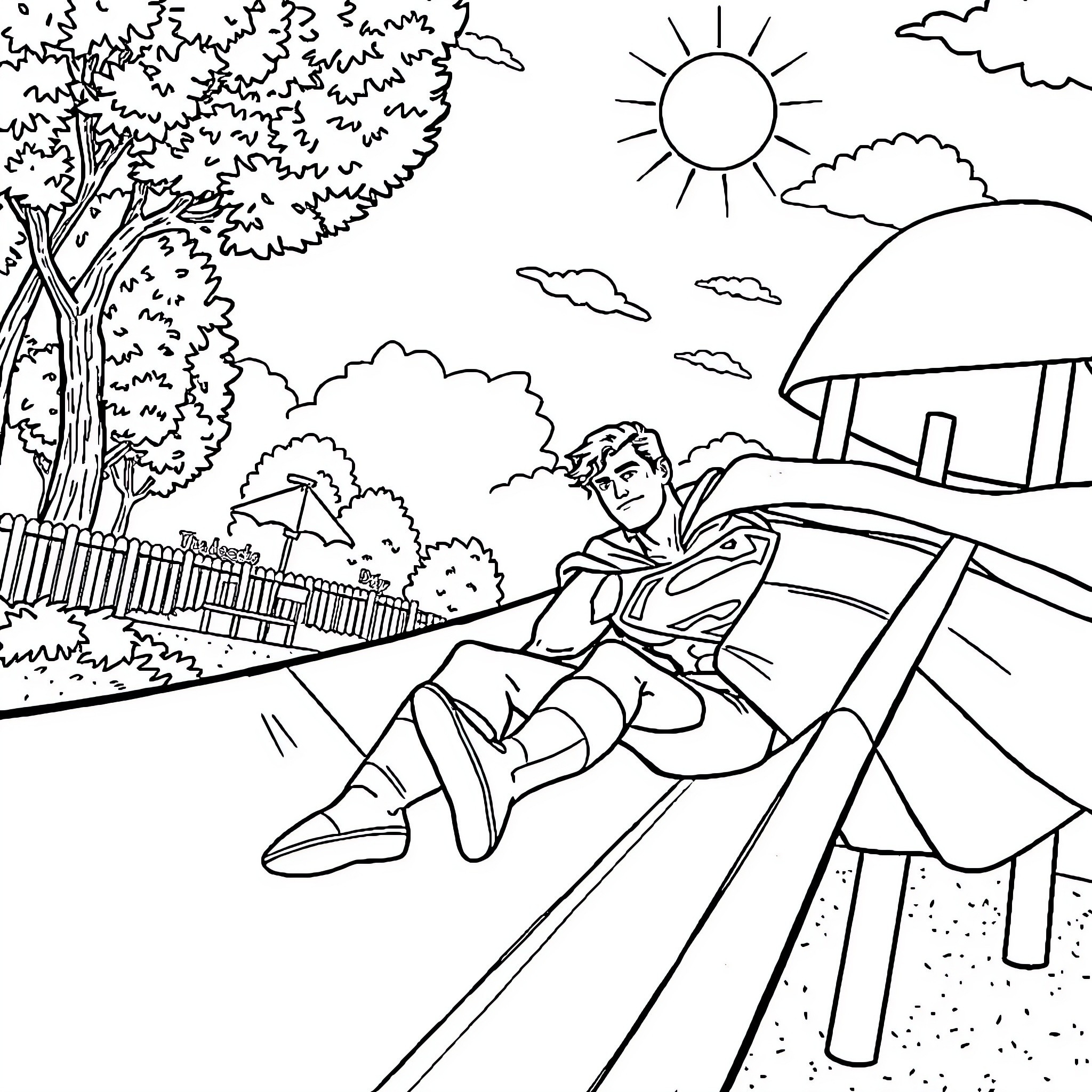 Superman relaxing on a sunny day Coloring Page (free black-and-white line drawing printable PDF for all, from beginners to advanced learners, including children, teens, adults, and seniors)