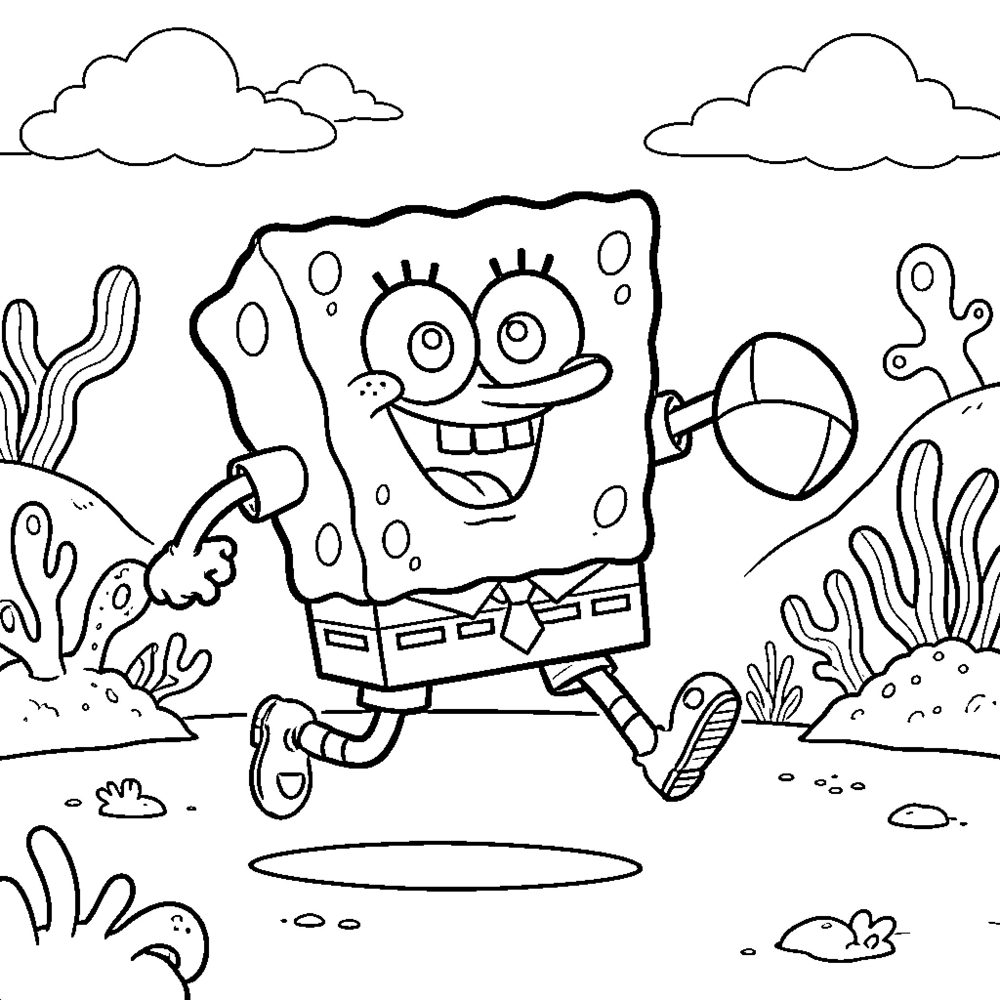 Spongebob running and laughing joyfully underwater Coloring Page (free black-and-white line drawing printable PDF for all, from beginners to advanced learners, including children, teens, adults, and seniors)