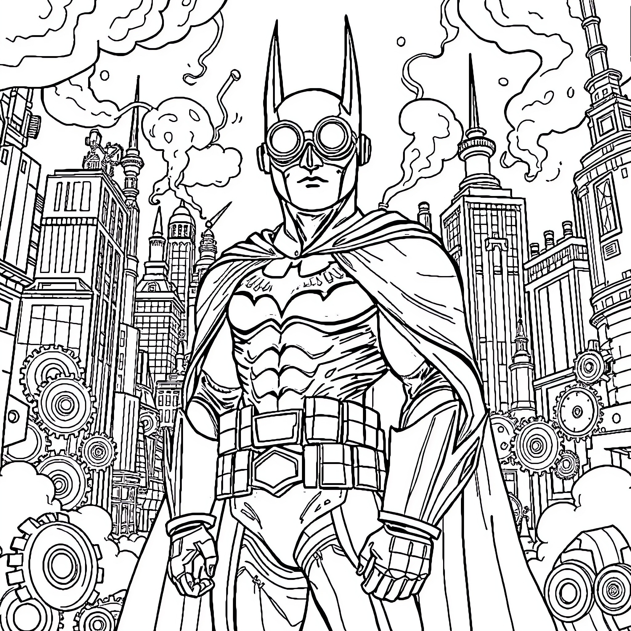 Batman standing tall amidst the city skyline Coloring Page (free black-and-white line drawing printable PDF for all, from beginners to advanced learners, including children, teens, adults, and seniors)