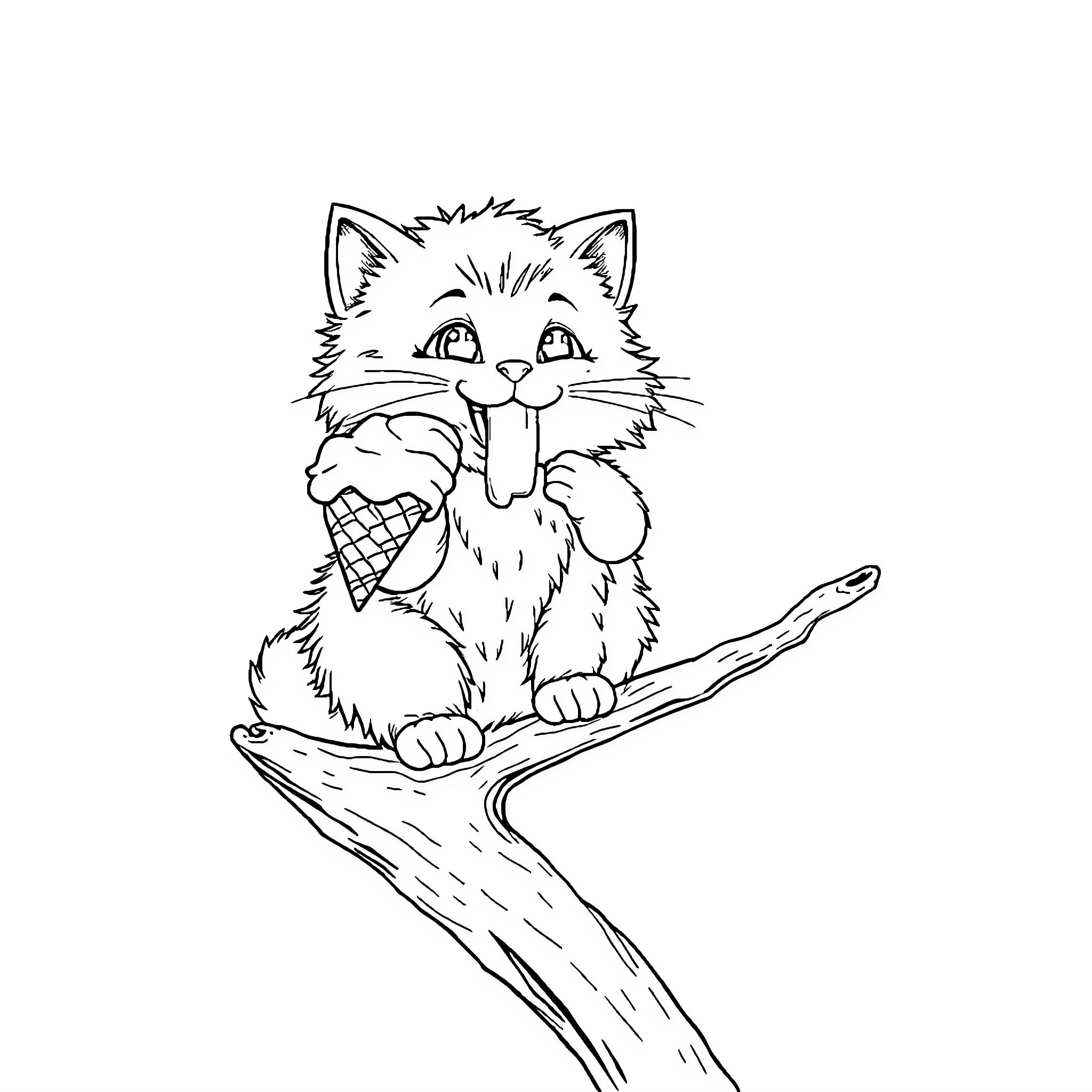 Cat enjoying an ice cream cone on a branch Coloring Page (free black-and-white line drawing printable PDF for all, from beginners to advanced learners, including children, teens, adults, and seniors)