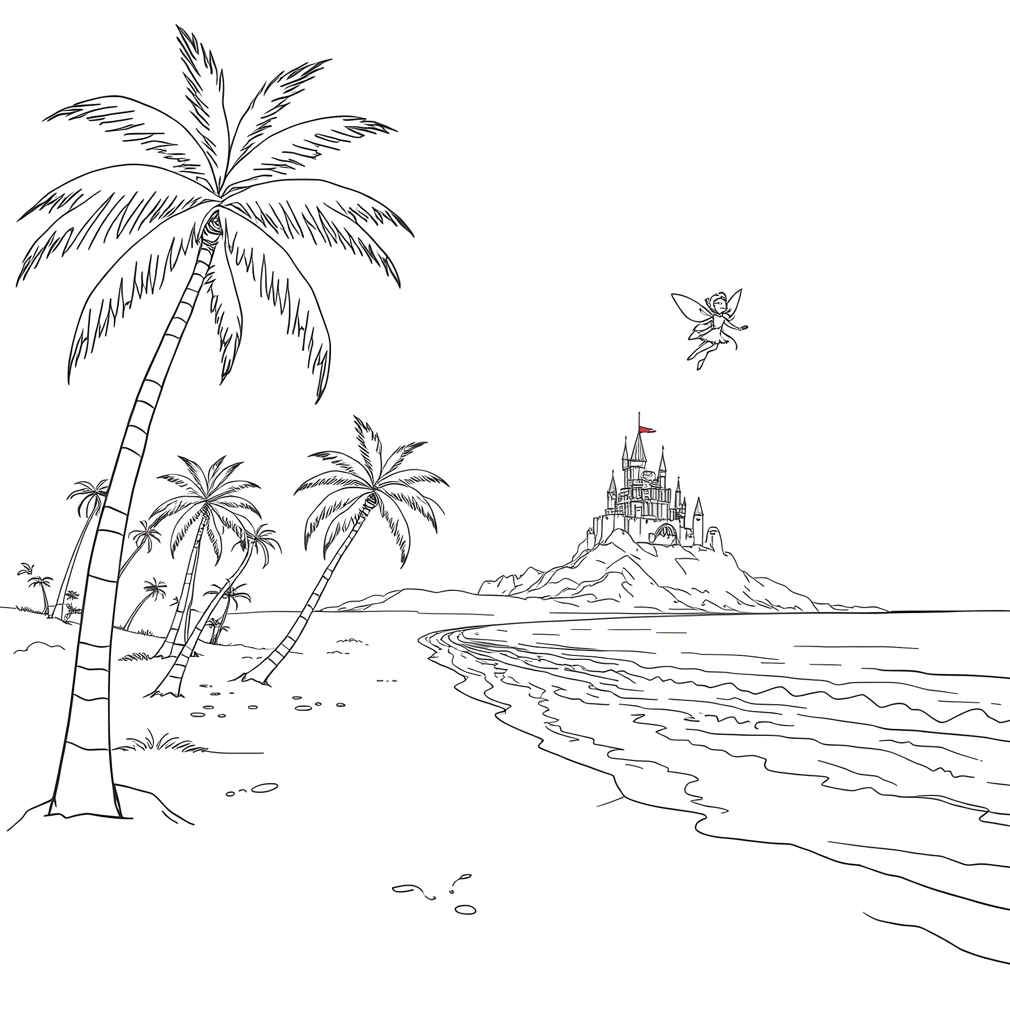 Fairy Castle Oasis by the Sea Coloring Page (free black-and-white line drawing printable PDF for all, from beginners to advanced learners, including children, teens, adults, and seniors)