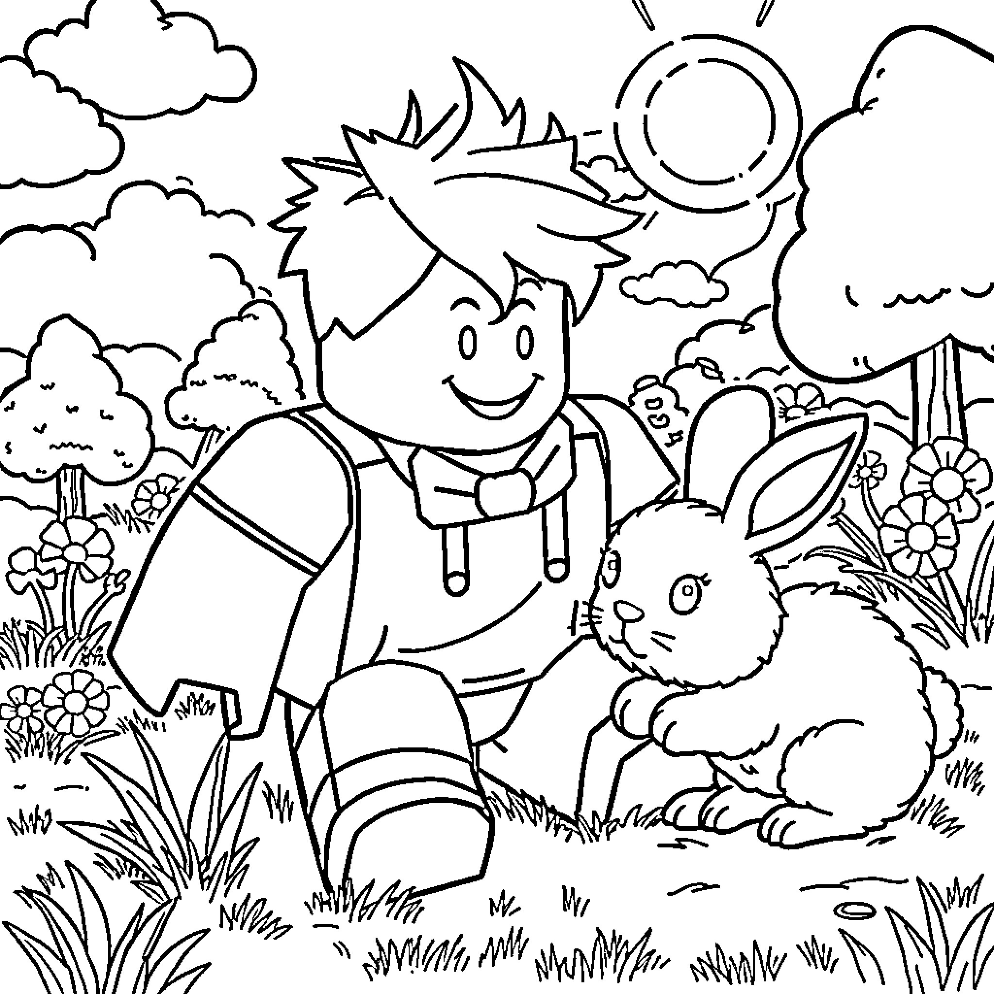 Roblox Character Exploring Outdoor Nature Scene Coloring Page (free black-and-white line drawing printable PDF for all, from beginners to advanced learners, including children, teens, adults, and seniors)