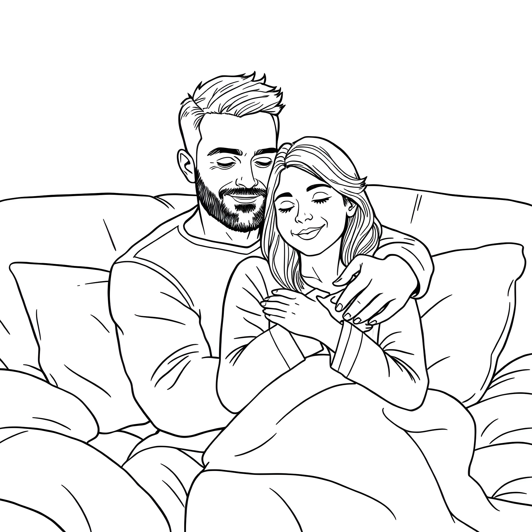 Husband and wife enjoying a cozy moment together Coloring Page (free black-and-white line drawing printable PDF for all, from beginners to advanced learners, including children, teens, adults, and seniors)