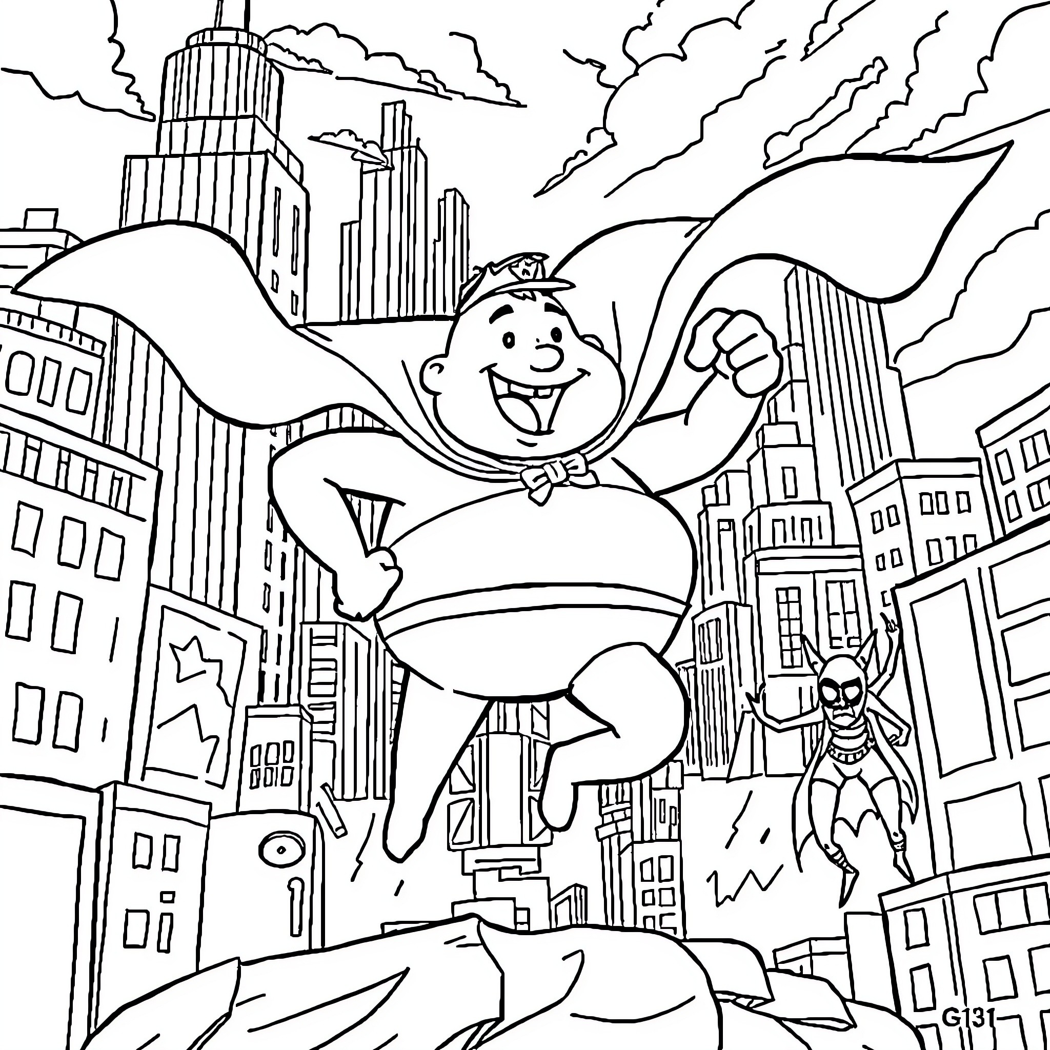 Captain Underpants Flying High Above the City Coloring Page (free black-and-white line drawing printable PDF for all, from beginners to advanced learners, including children, teens, adults, and seniors)