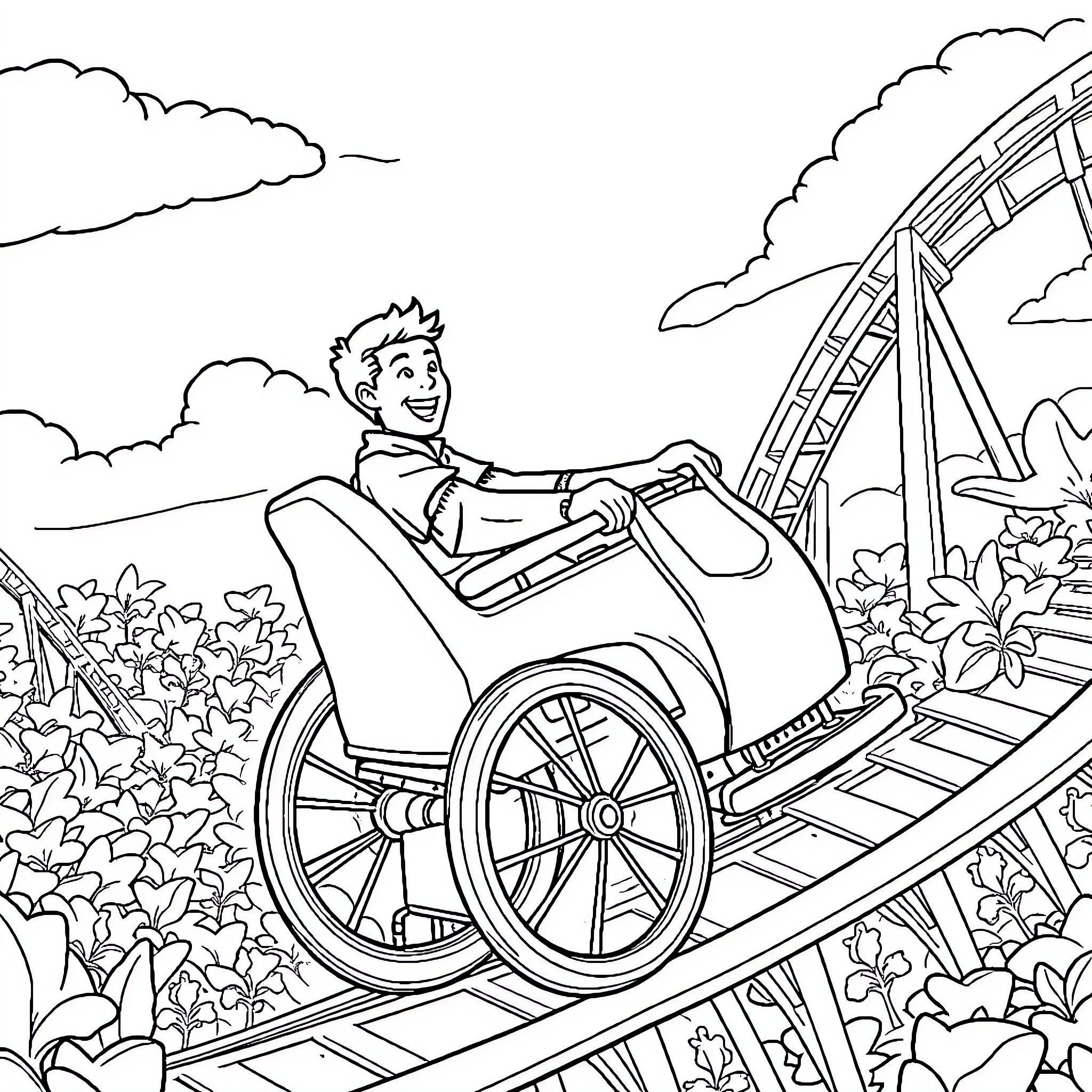 Wheelchair user enjoying a rollercoaster ride in a park Coloring Page (free black-and-white line drawing printable PDF for all, from beginners to advanced learners, including children, teens, adults, and seniors)