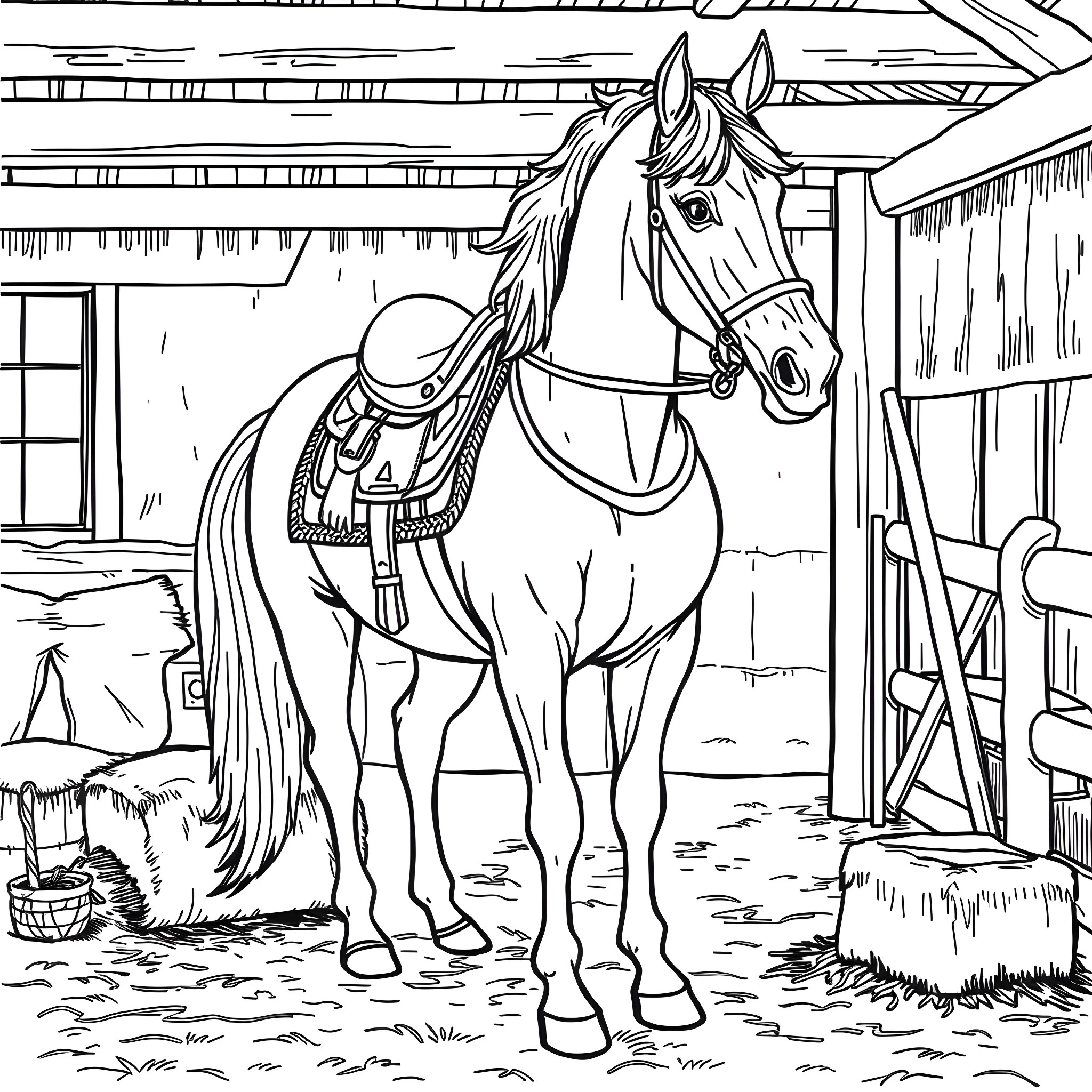 Horse with Saddle in Barn Coloring Page (free black-and-white line drawing printable PDF for all, from beginners to advanced learners, including children, teens, adults, and seniors)