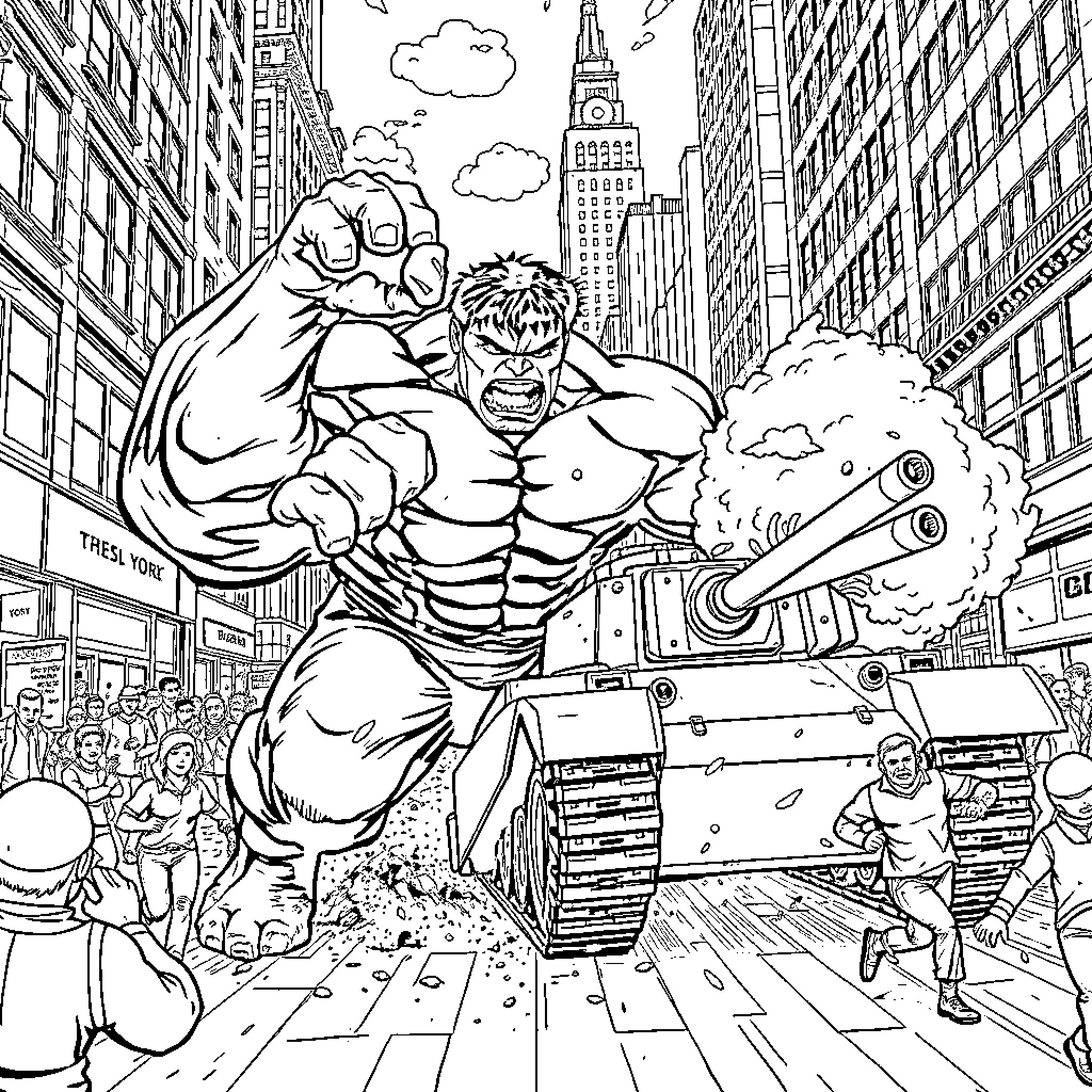Hulk Rampages Through the City Coloring Page (free black-and-white line drawing printable PDF for all, from beginners to advanced learners, including children, teens, adults, and seniors)