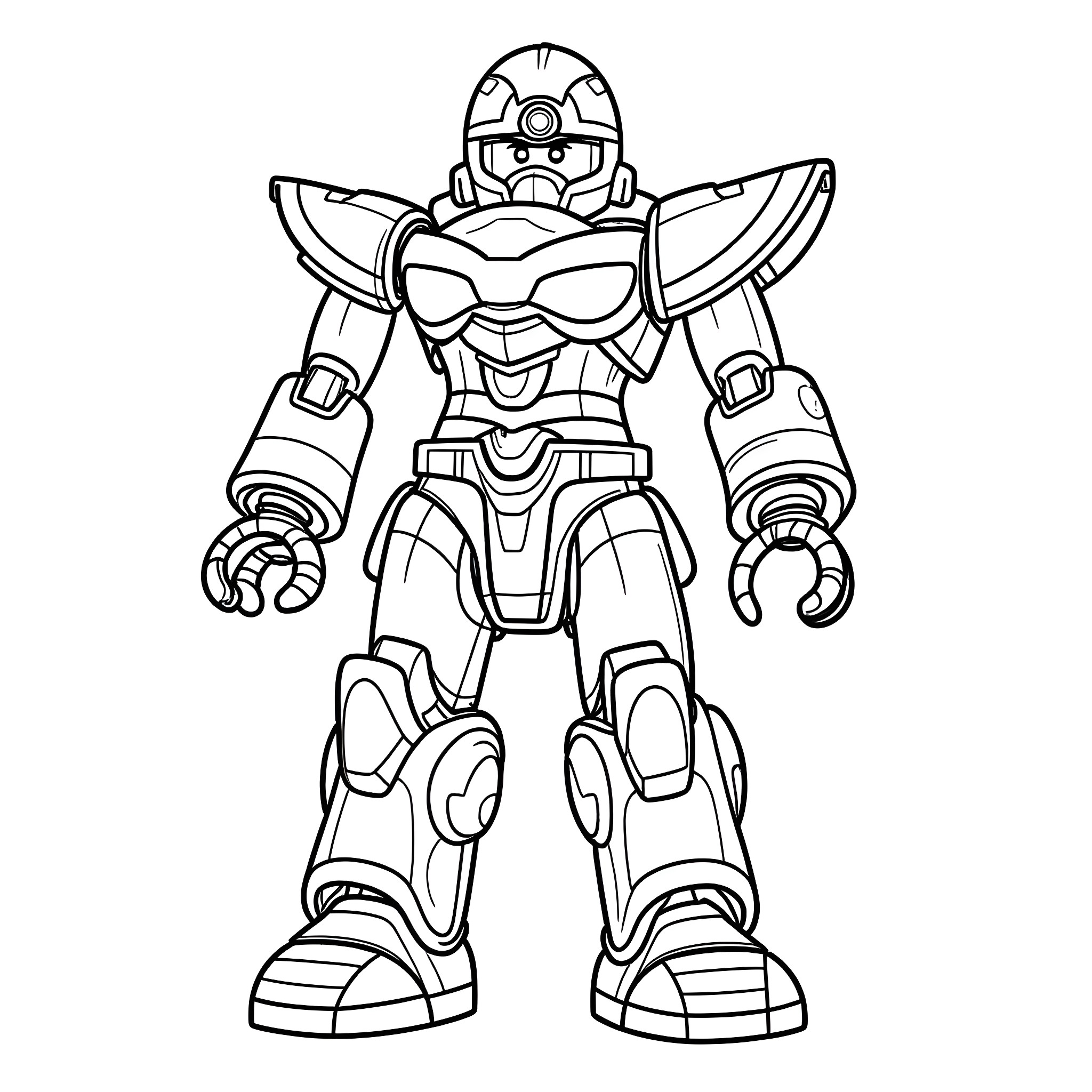 Ninjago Mech in Heroic Pose Coloring Page (free black-and-white line drawing printable PDF for all, from beginners to advanced learners, including children, teens, adults, and seniors)