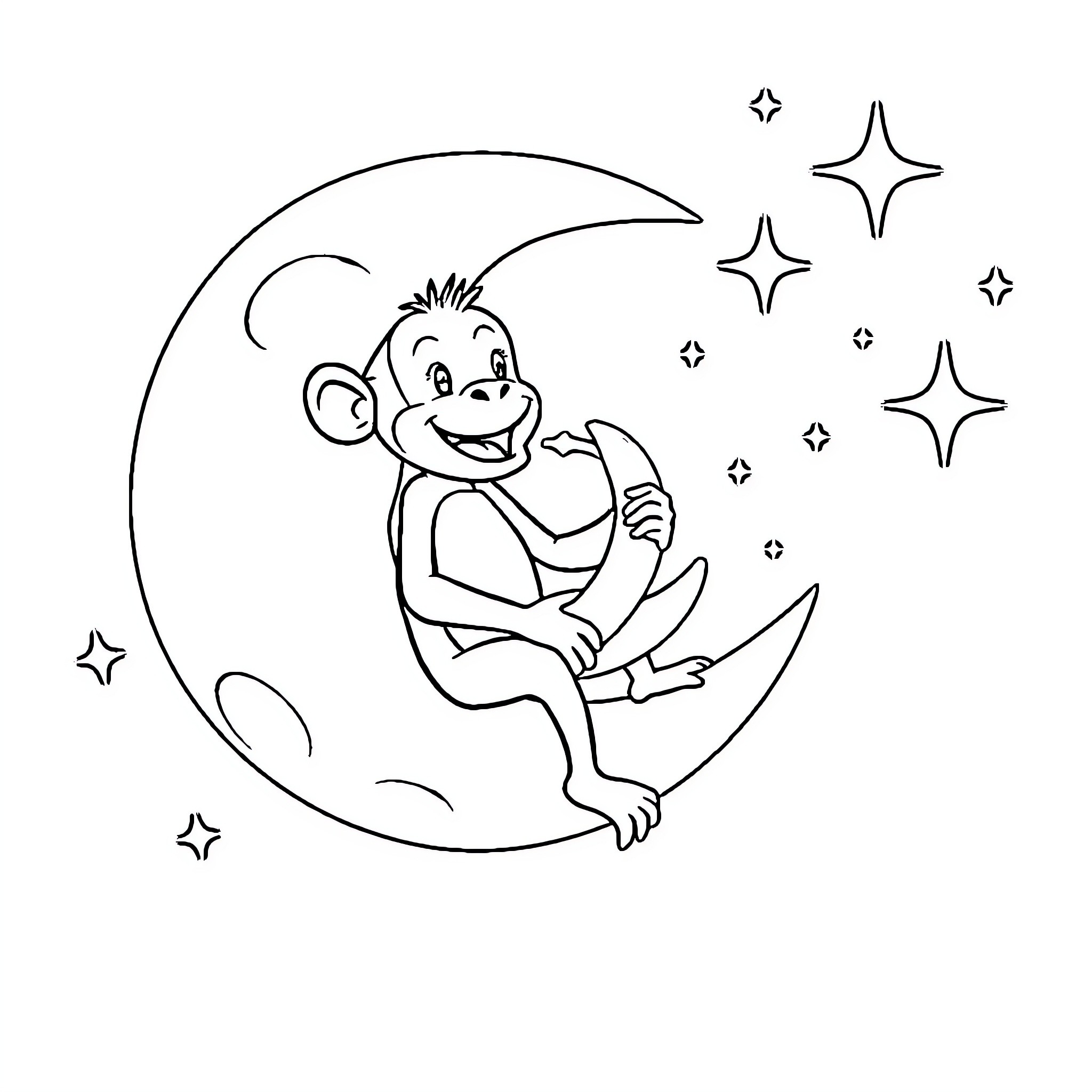 Monkey playing happily on the crescent moon Coloring Page (free black-and-white line drawing printable PDF for all, from beginners to advanced learners, including children, teens, adults, and seniors)