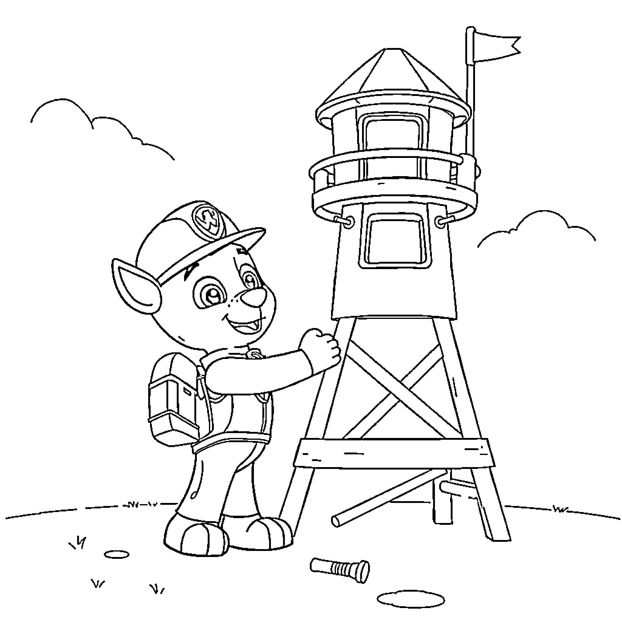 Ryder inspects the lighthouse with enthusiasm Coloring Page (free black-and-white line drawing printable PDF for all, from beginners to advanced learners, including children, teens, adults, and seniors)