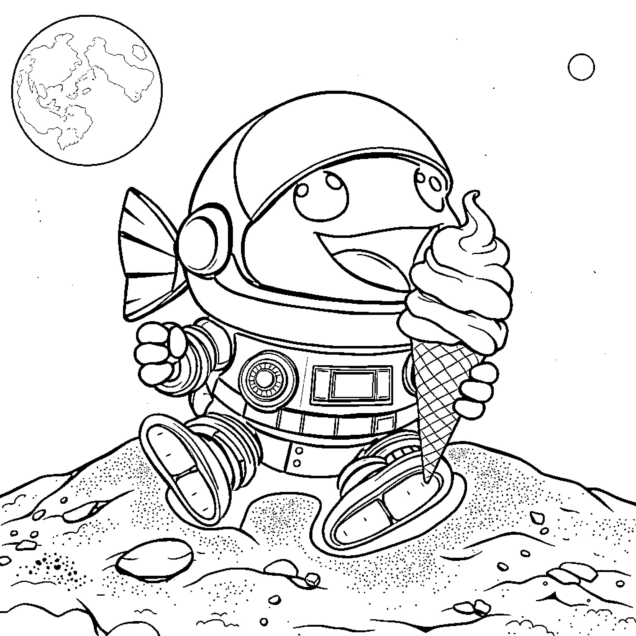 Blob Fish Astronaut Exploring Outer Space Coloring Page (free black-and-white line drawing printable PDF for all, from beginners to advanced learners, including children, teens, adults, and seniors)